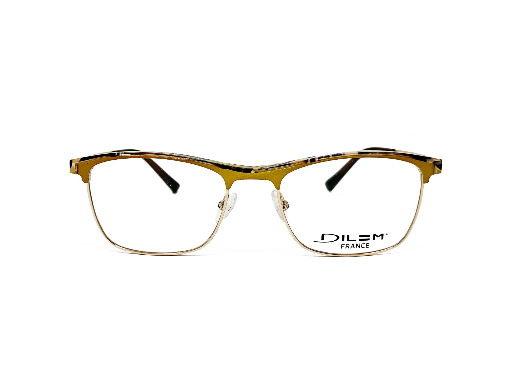 Dilem curved-rectangular, metal, optical frame. Model: ZT150. Color: 2NB12 - Gold with dark pattern. Front view. 