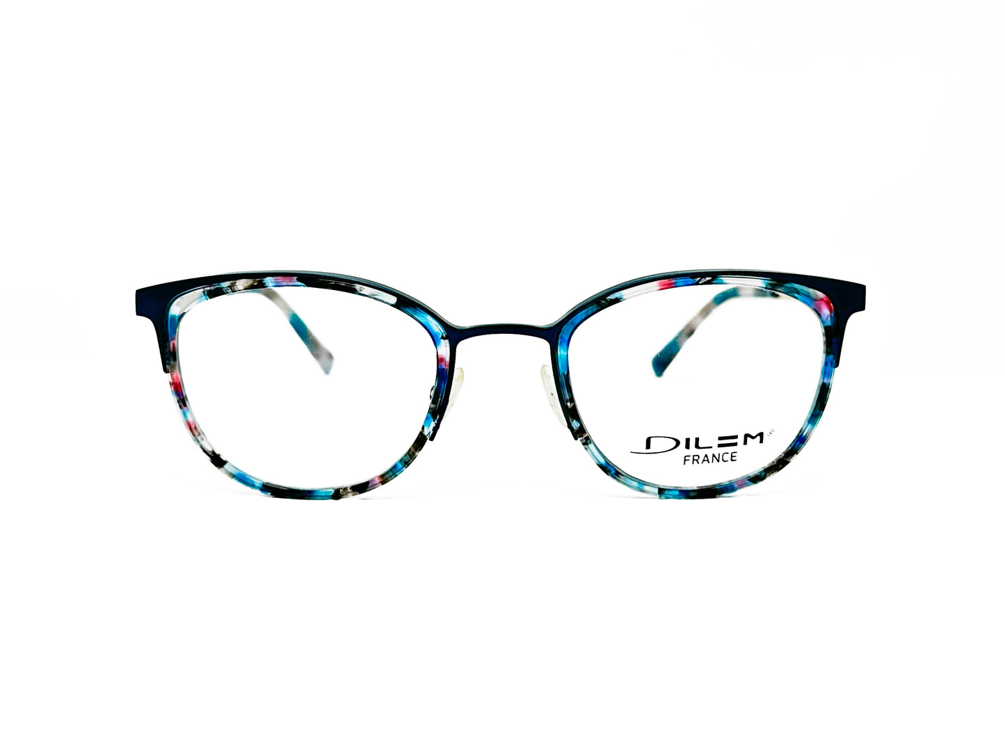 Dilem round metal frame with wing tips and acetate insert lining. Model: ZU108. Color: 2JA02 - Multi-color blue acetate insert with black metal. Front view. 