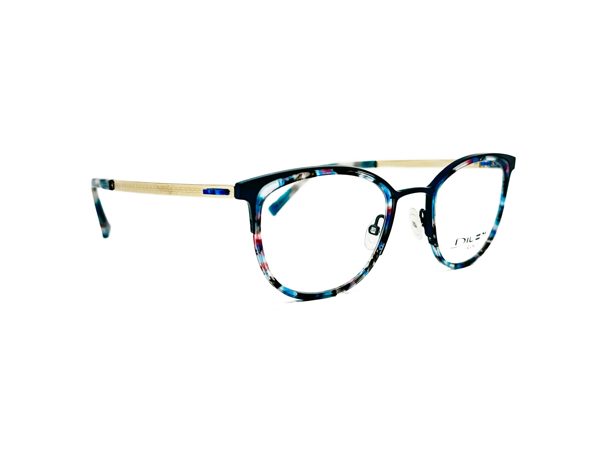 Dilem round metal frame with wing tips and acetate insert lining. Model: ZU108. Color: 2JA02 - Multi-color blue acetate insert with black metal front and gold metal temples. Side view.