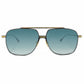 Dita squared aviator style sunglass with bar across top. Model: Alkamx. Color: 02 - Gunmetal with gold accents and blue gradient lenses. Front view. 