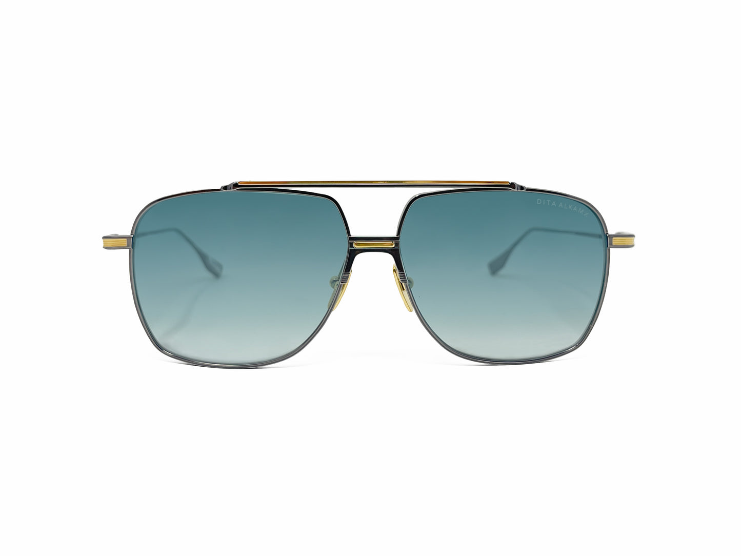 Dita squared aviator style sunglass with bar across top. Model: Alkamx. Color: 02 - Gunmetal with gold accents and blue gradient lenses. Front view. 