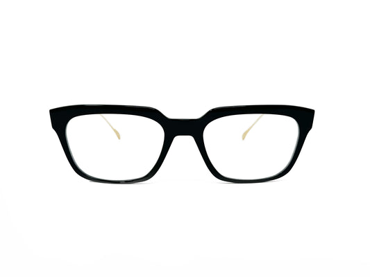 Dita upward-angled, rectangular, acetate optical frame with metal temples. Model: Argand. Color: Black frame with gold temples. Front view. 