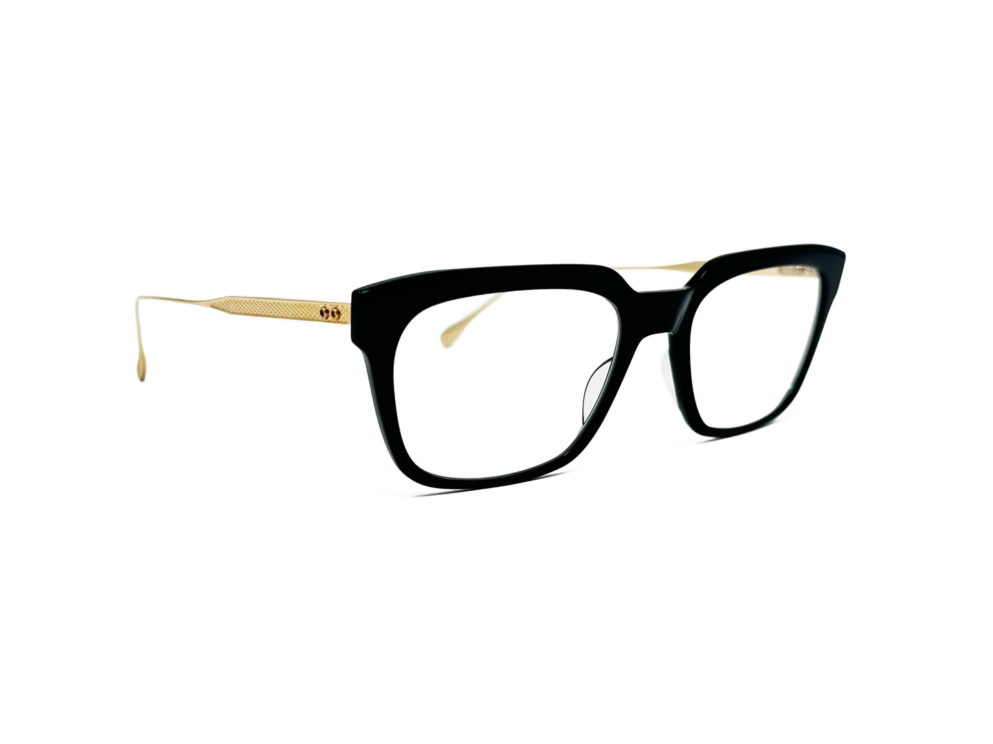 Dita upward-angled, rectangular, acetate optical frame with metal temples. Model: Argand. Color: Black frame with gold temples. Side view.