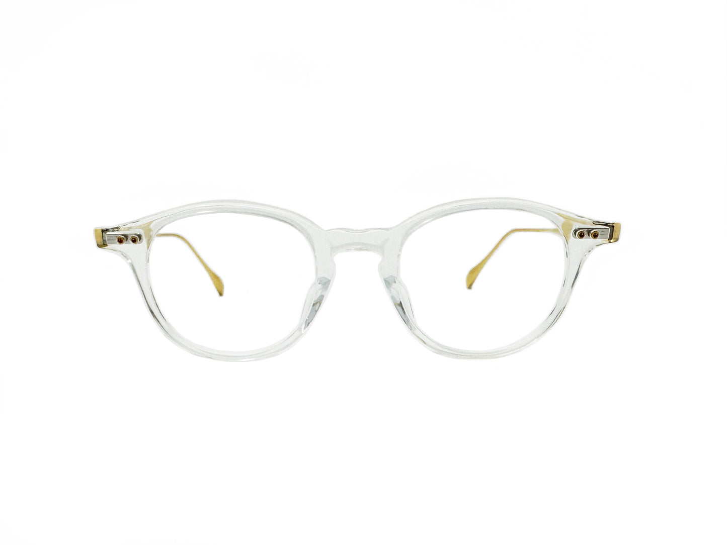 Dita round acetate optical frame with keyhole bridge and gold metal temples. Model: (Ash+). Color: CLR-GLD - Transparent acetate front with gold metal temples. Front view. 