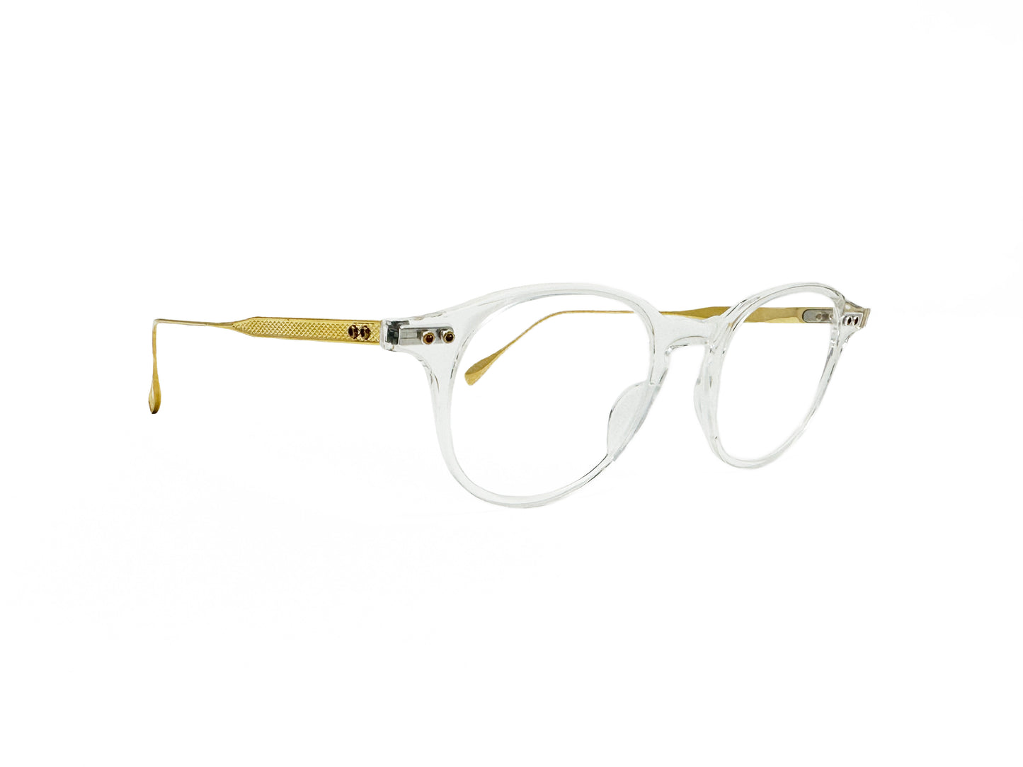 Dita round acetate optical frame with keyhole bridge and gold metal temples. Model: (Ash+). Color: CLR-GLD - Transparent acetate front with gold metal temples. Side view.