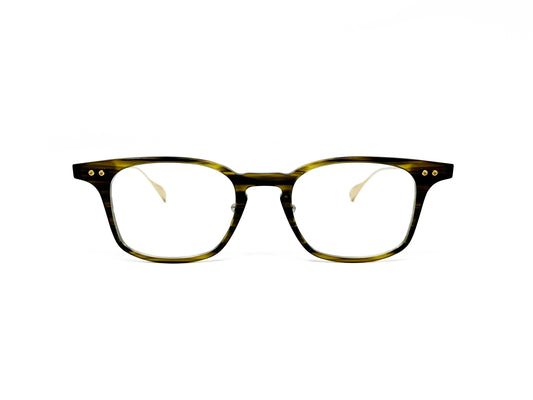Dita square, acetate, optical frame with gold metal temples. Model: Buckeye. Color: 02 - Timber Brown, light yellow-based brown wood pattern. Front view. 