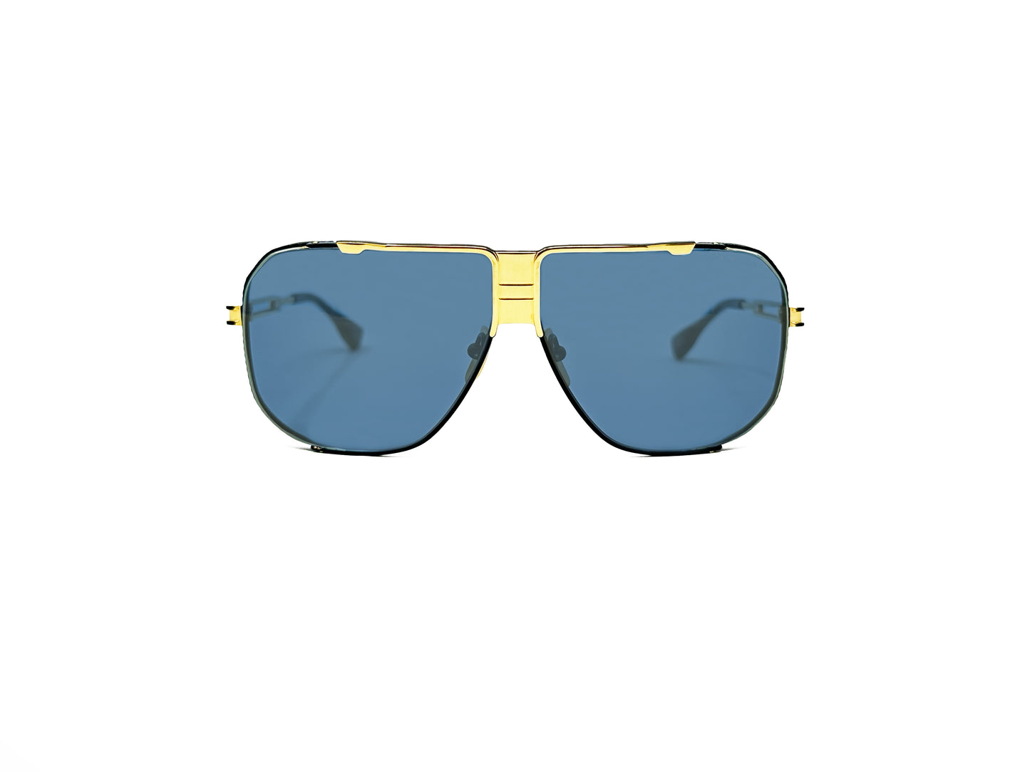 Dita large angled, aviator type sunglass with flat top. Model: Cascais. Color: Gold metal with blue lenses. Front view. 