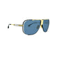 Dita large angled, aviator type sunglass with flat top. Model: Cascais. Color: Gold metal with blue lenses. Side view.