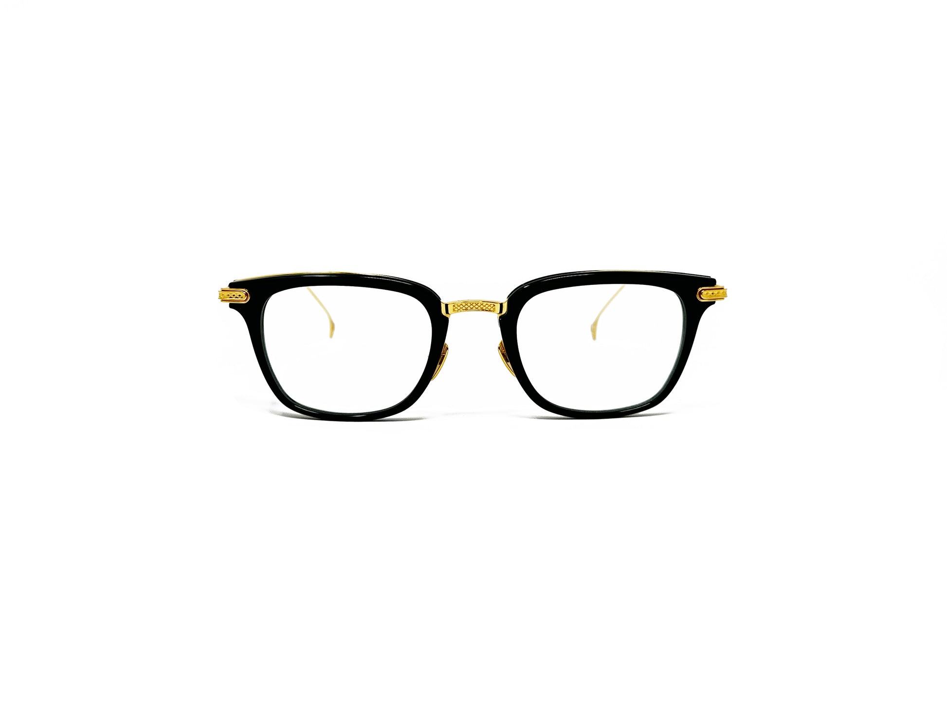 Dita optical frame. Black acetate with gold metal temples. Model: DRX2066 Stateside. Color: Blk-Gld, black acetate front with gold wire temples. Front view. 