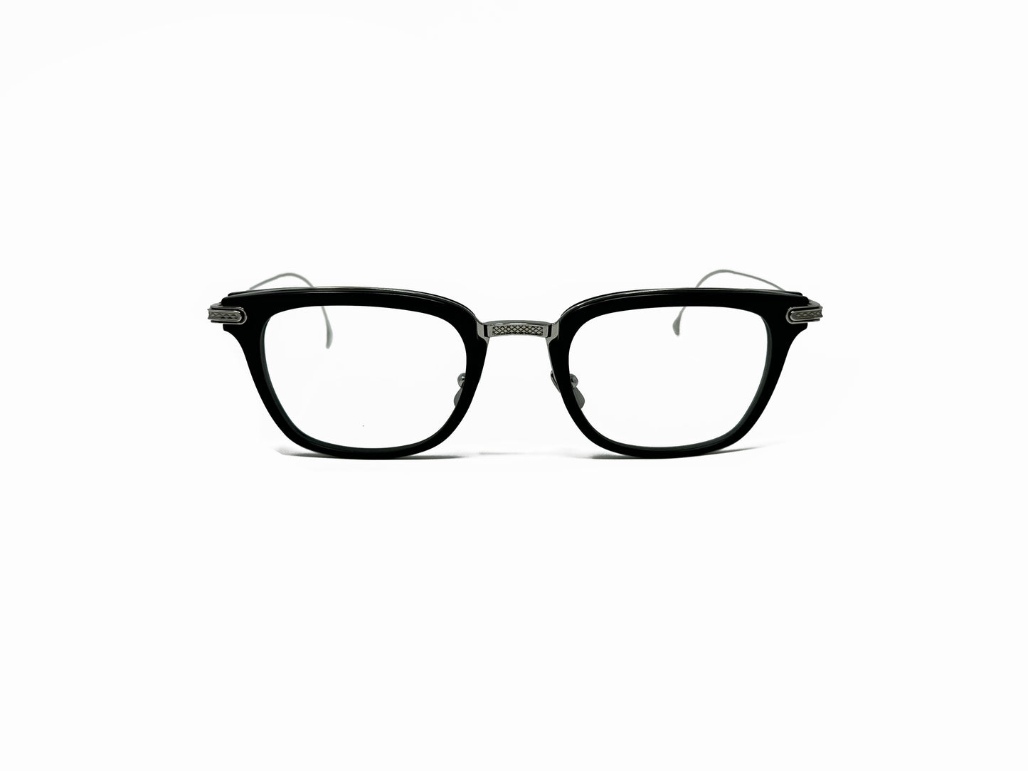 Dita optical frame. Black acetate with silver metal temples. Model: DRX2066 Stateside. Color: TRT-BLK, black acetate front with silver wire temples. Front view.