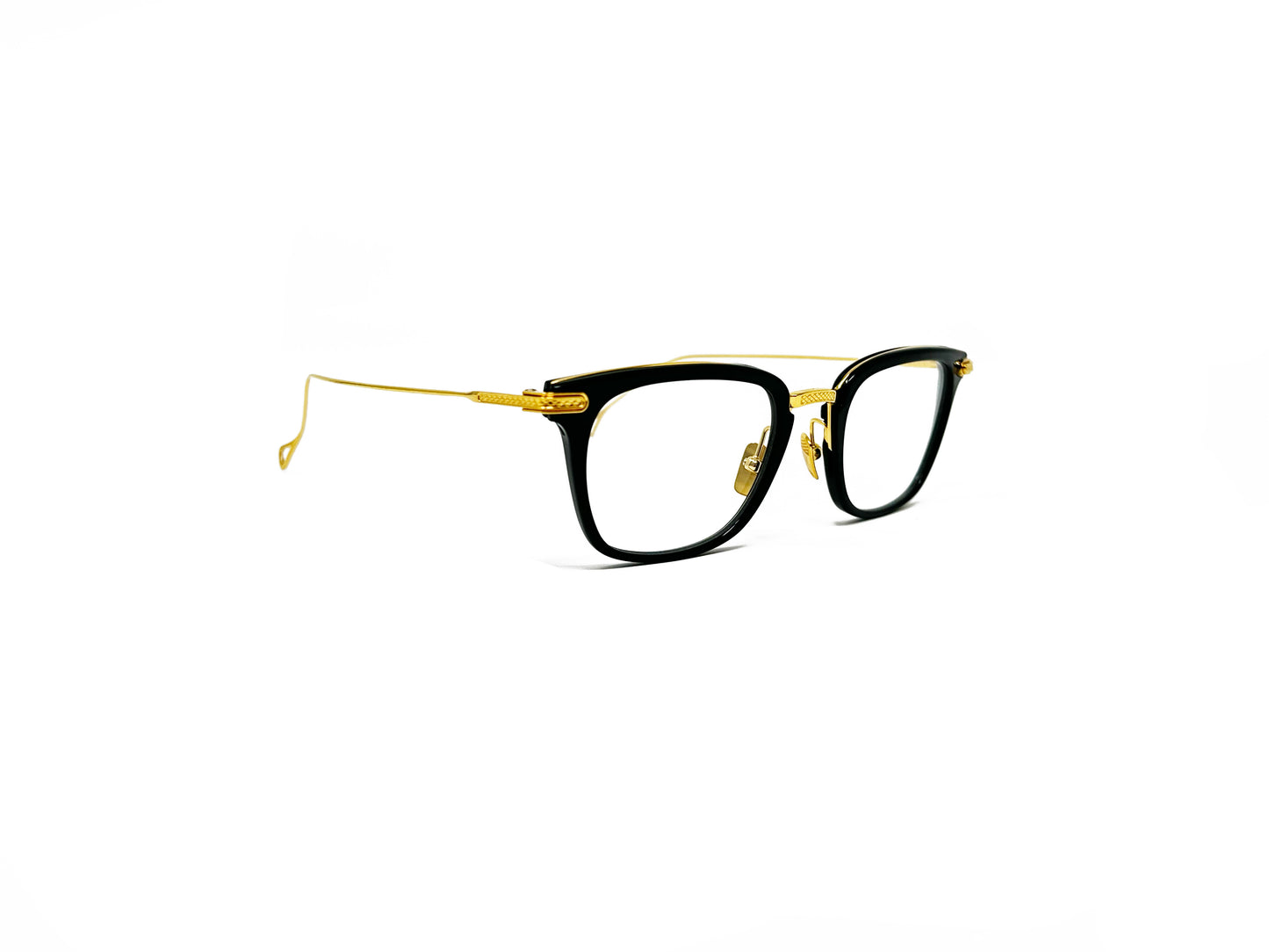 Dita optical frame. Black acetate with gold metal temples. Model: DRX2066 Stateside. Color: Blk-Gld, black acetate front with gold wire temples. Side view.