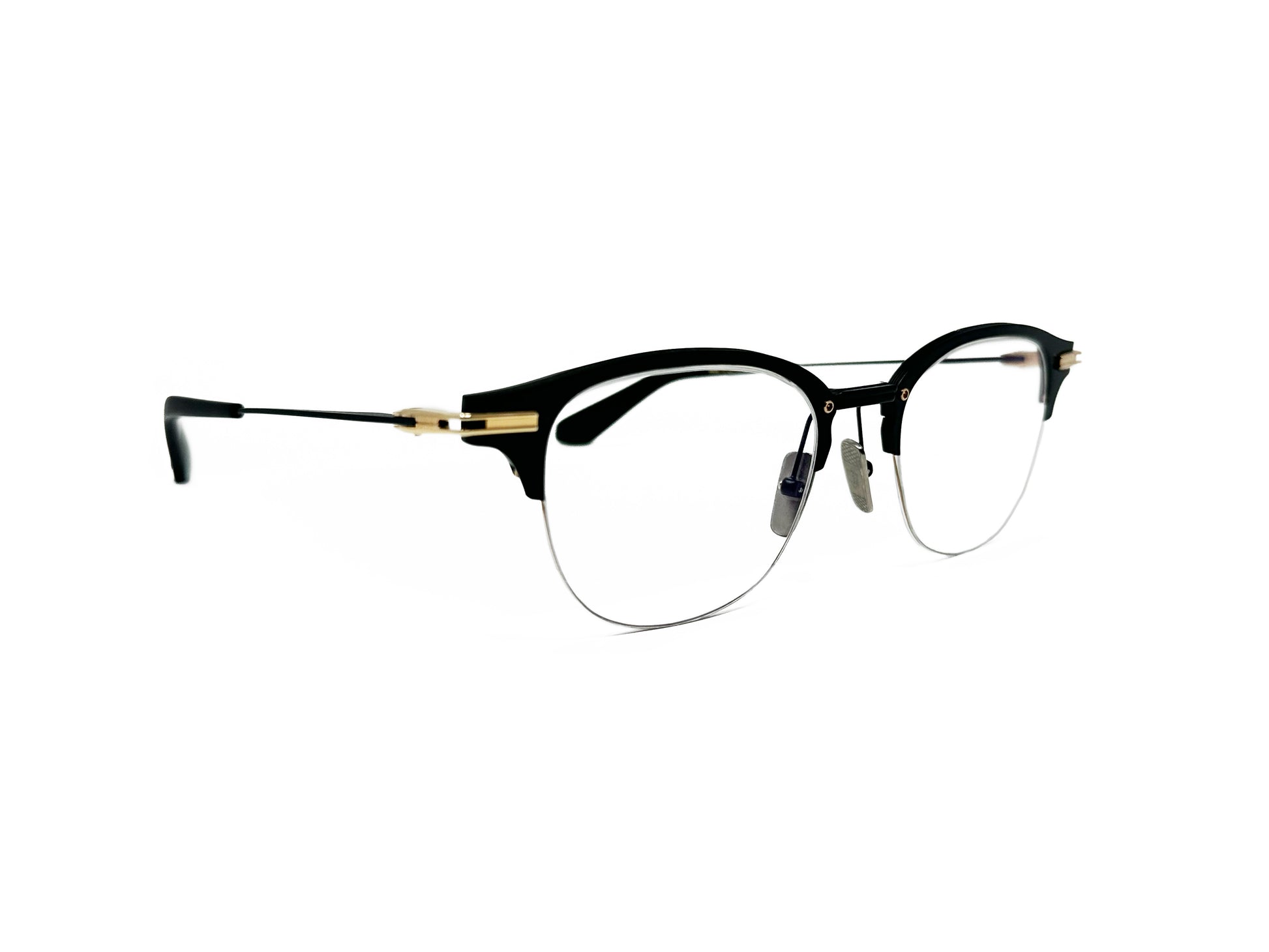Dita Eyewear half-rim, clubmaster-style, metal, optical frame. Model: Iambic. Color: 03 - Black and gold. Side view.