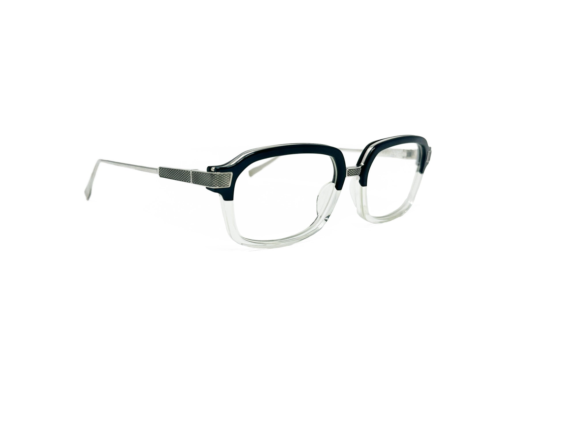 Dita square optical frame, acetate front with wire temples. Front of the frame is black on top and transparent on bottom. Model: Lexington. Color: C - Black and clear. Side view.