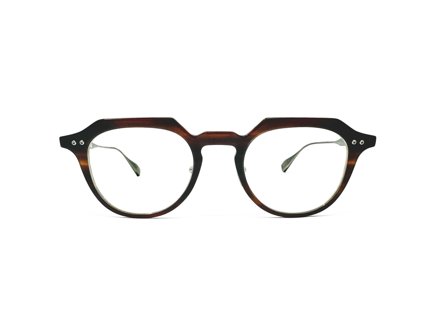 Dita Eyewear rounded optical frame with flat-top and keyhole bridge, acetate front with metal temples. Model: Oku. Color: 02 - Chestnut Swirl with antique silver temples. Front view. 