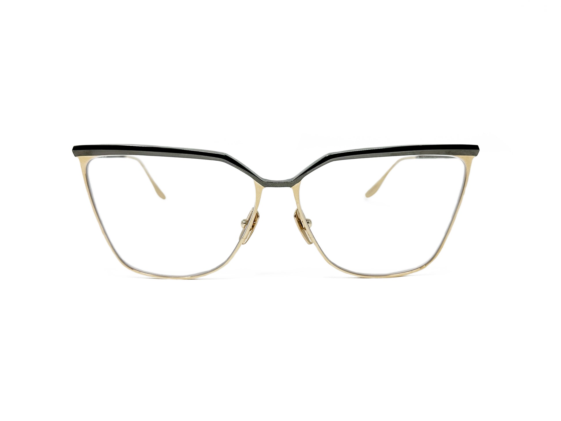 Dita Eyewear metal, angular, cat-eye optical frame. Model: Ravitte. Color: 03 -Gold with a silver trim on top. Front view. 