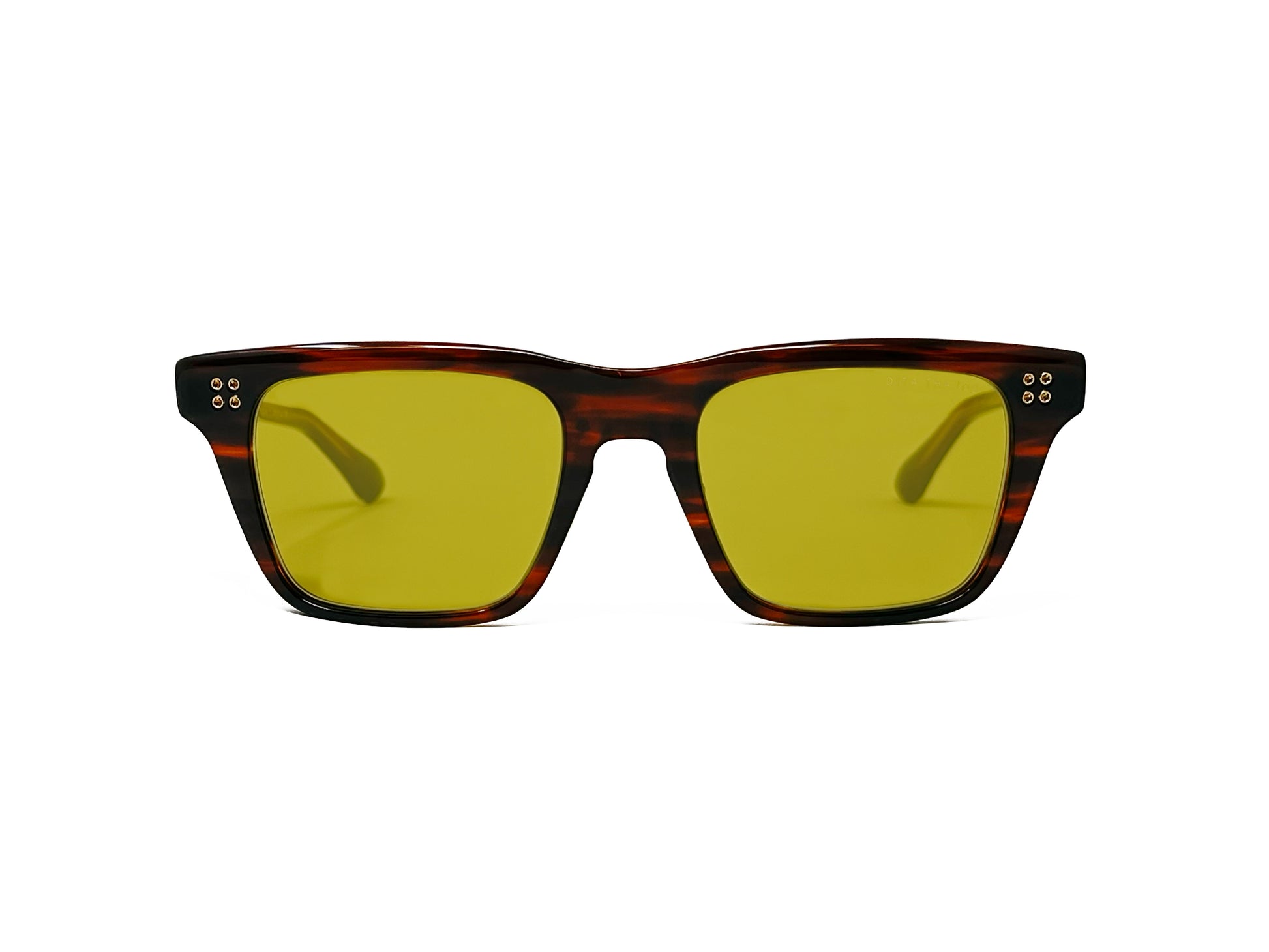 Dita rectangular acetate sunglass with four metal dot embellishment on each corner. Model: Thavos. Color: 02 - Reddish brown swirll with greenish-yellow lenses. Front view. 