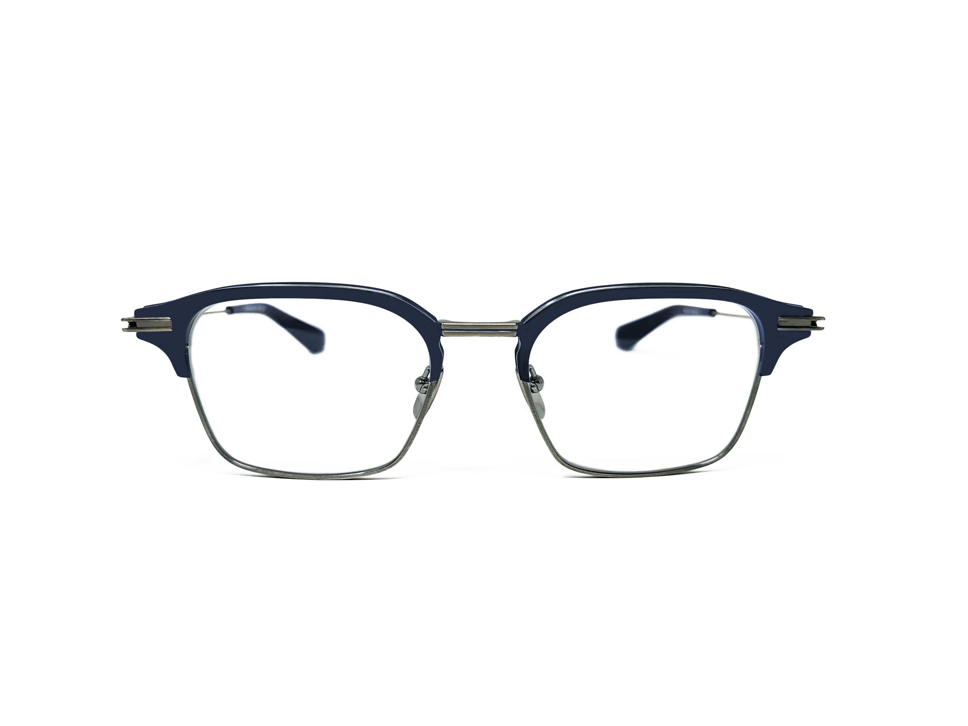 Dita Eyewear metal, half-rim, clubmaster style, optical frame. Model: Typographer. Color: 03 - Matte Navy and Antique Silver. Front view. 