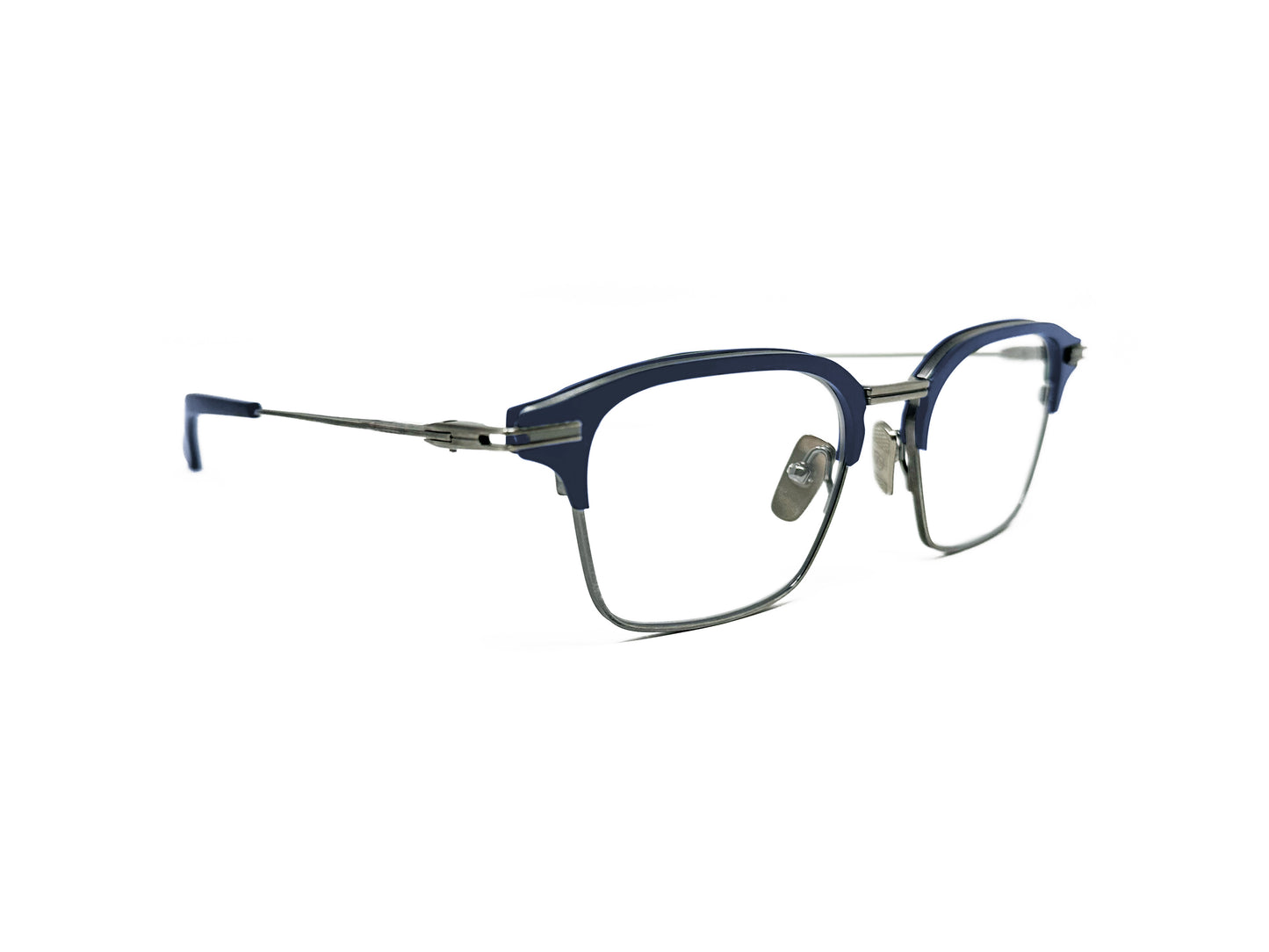 Dita Eyewear metal, half-rim, clubmaster style, optical frame. Model: Typographer. Color: 03 - Matte Navy and Antique Silver. Side view.