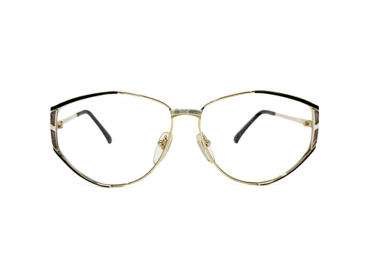 Donna House oversized, angular, metal optical frame with rounded bottom. Model: 4001. Color: 01 - Light Gold with black corners and silver metal accents. Front view. 