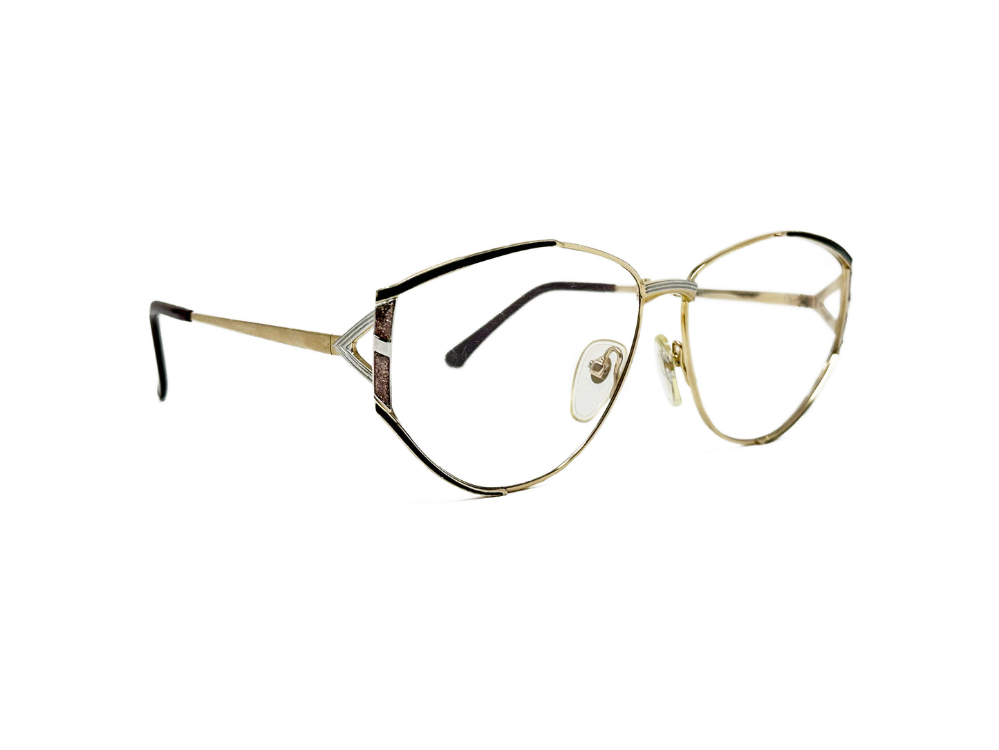 Donna House oversized, angular, metal optical frame with rounded bottom. Model: 4001. Color: 01 - Light Gold with black corners and silver metal accents. Side view.