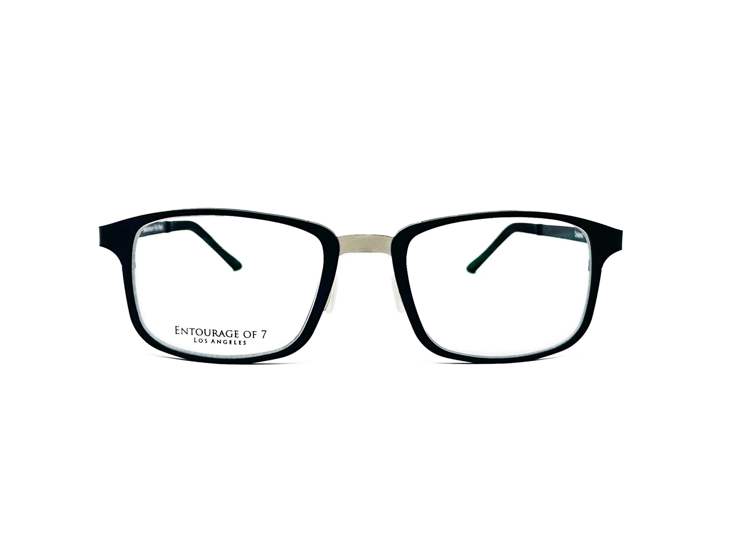 Entourage of 7 rectangular optical frame. Model: Delano. Color: 40 black. Front view.