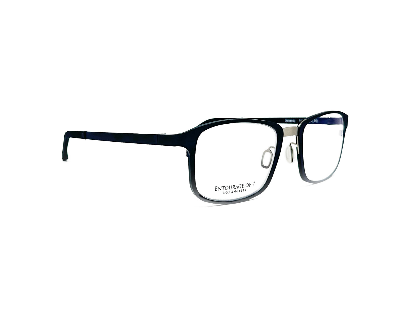 Entourage of 7 rectangular optical frame. Model: Delano. Color: 40 black. Side view.