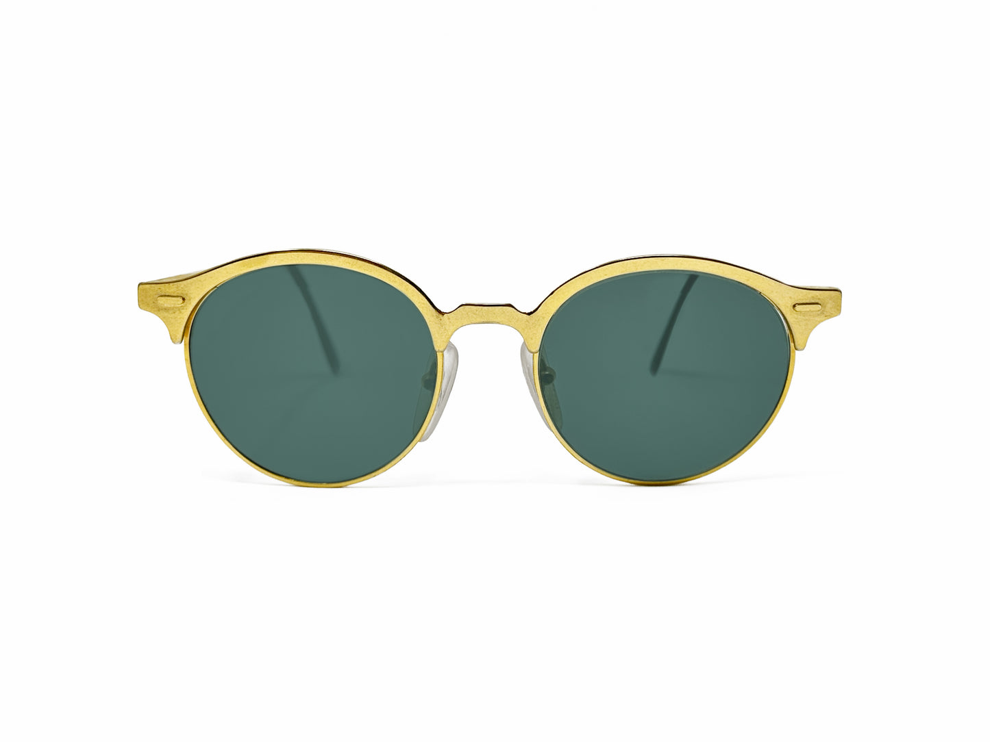 Ellen Tracy round sunglass with gold metal trim. Model: CC2. Color: Gold with green lens. Front view. 