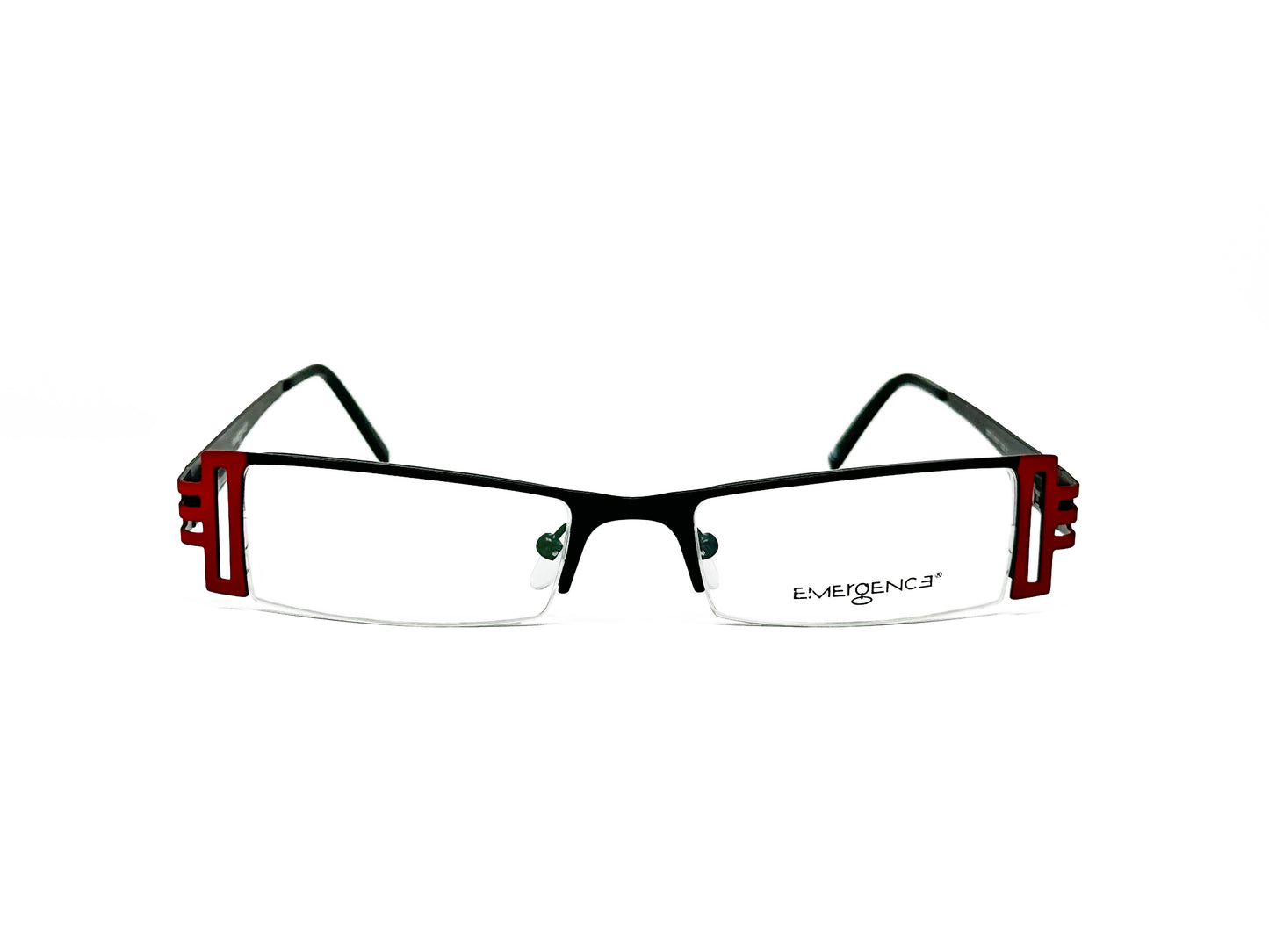 Emergence thin, rectangular, metal, half-rim optical frame with rectangular cutouts. Model: 10073. Color: 2 - Red. with black front. Front view. 