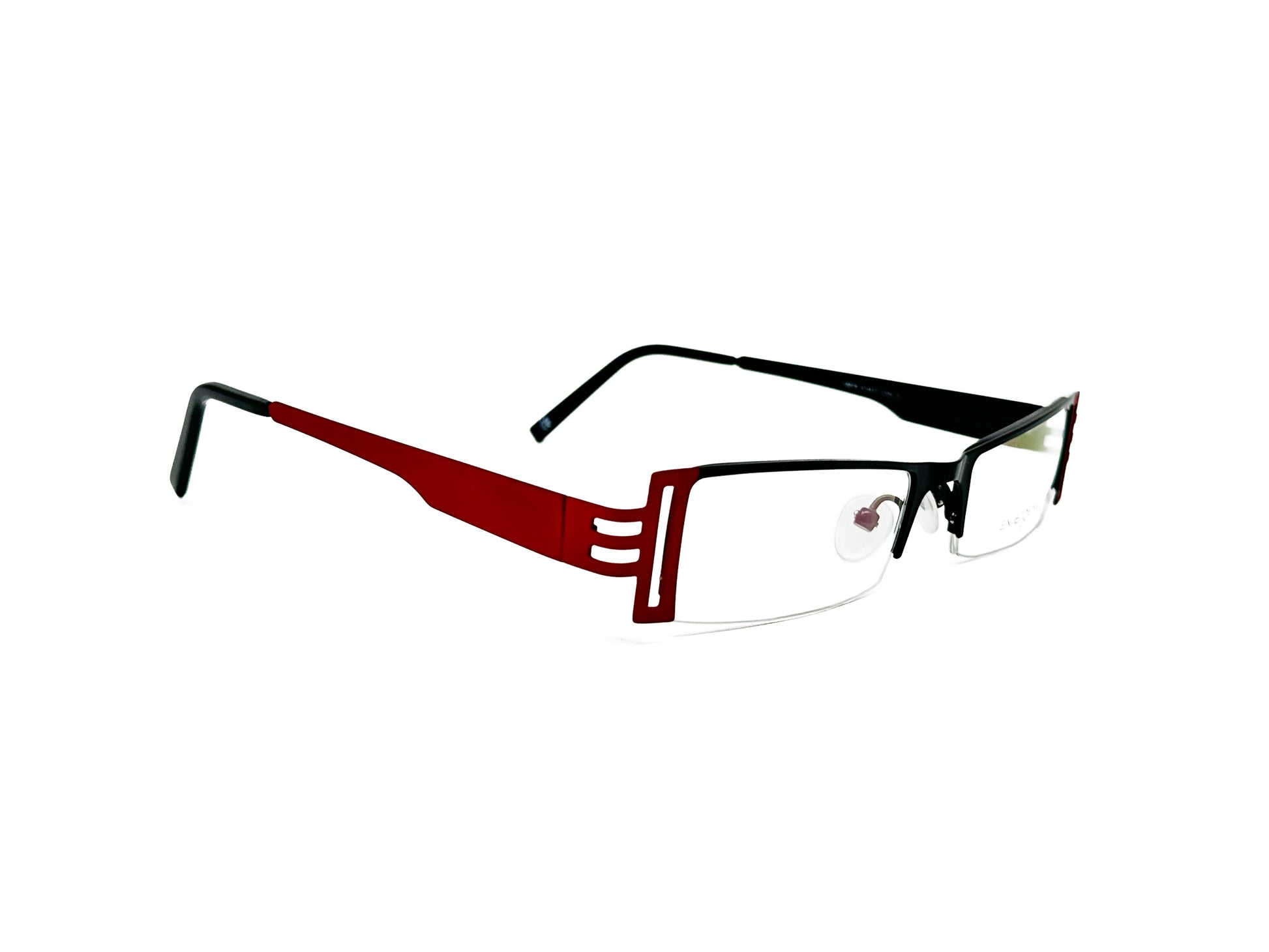 Emergence thin, rectangular, metal, half-rim optical frame with rectangular cutouts. Model: 10073. Color: 2 - Red. with black front. Side view.