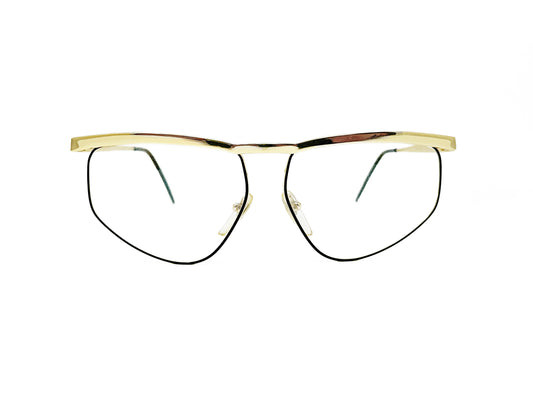 Essence large, geometric, half-rim optical frame with slight flat-top. Model: 01. Color: Gold. Front view.