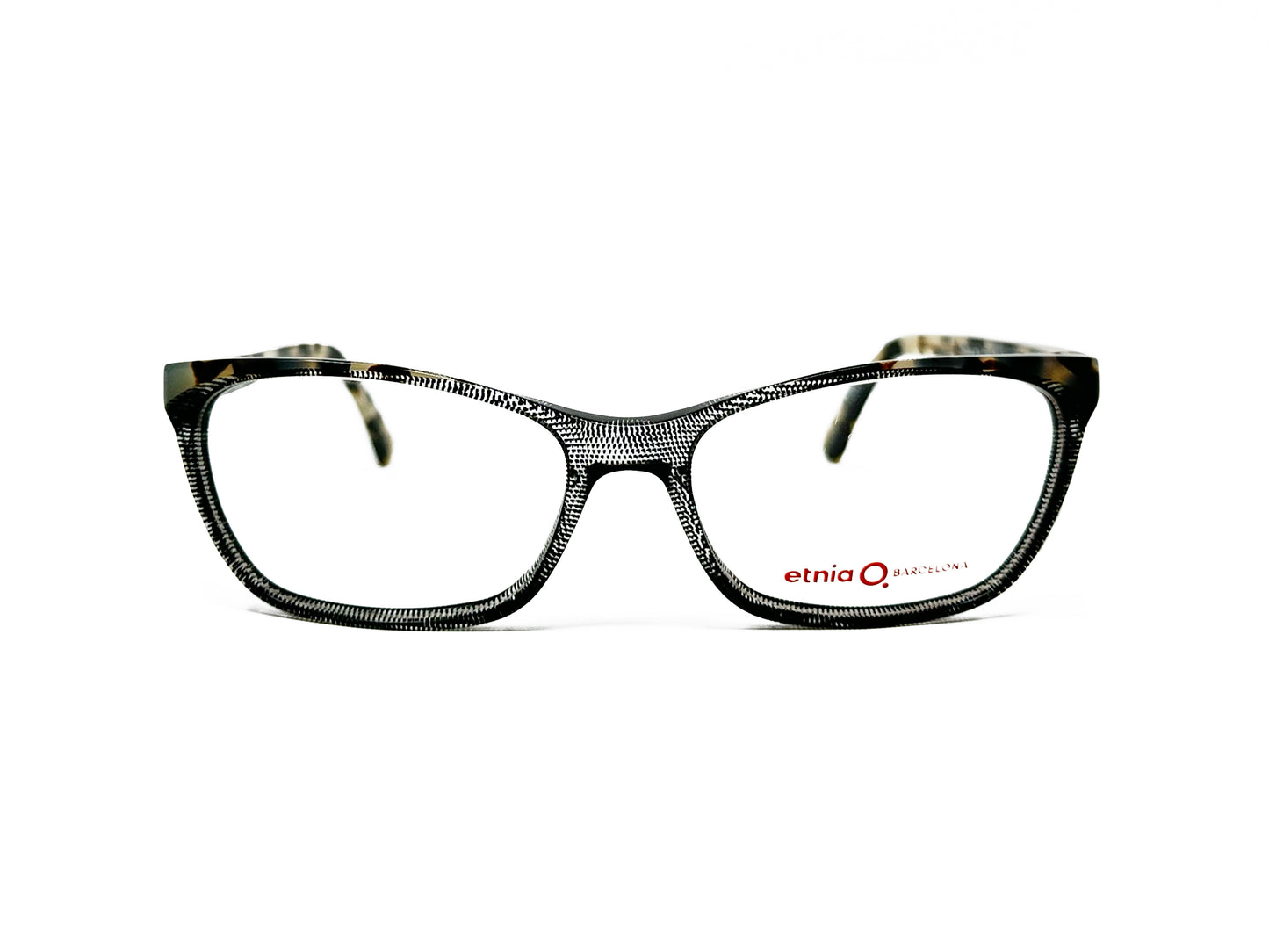 Etnia Barcelona narrow,  rectangular, cat-eye, acetate optical frame. Model: Nimes 15. Color: BKHV - Transparent with black dots in the center of frame, gradiated out into a tortoise on corners and side of frame. Front view. 