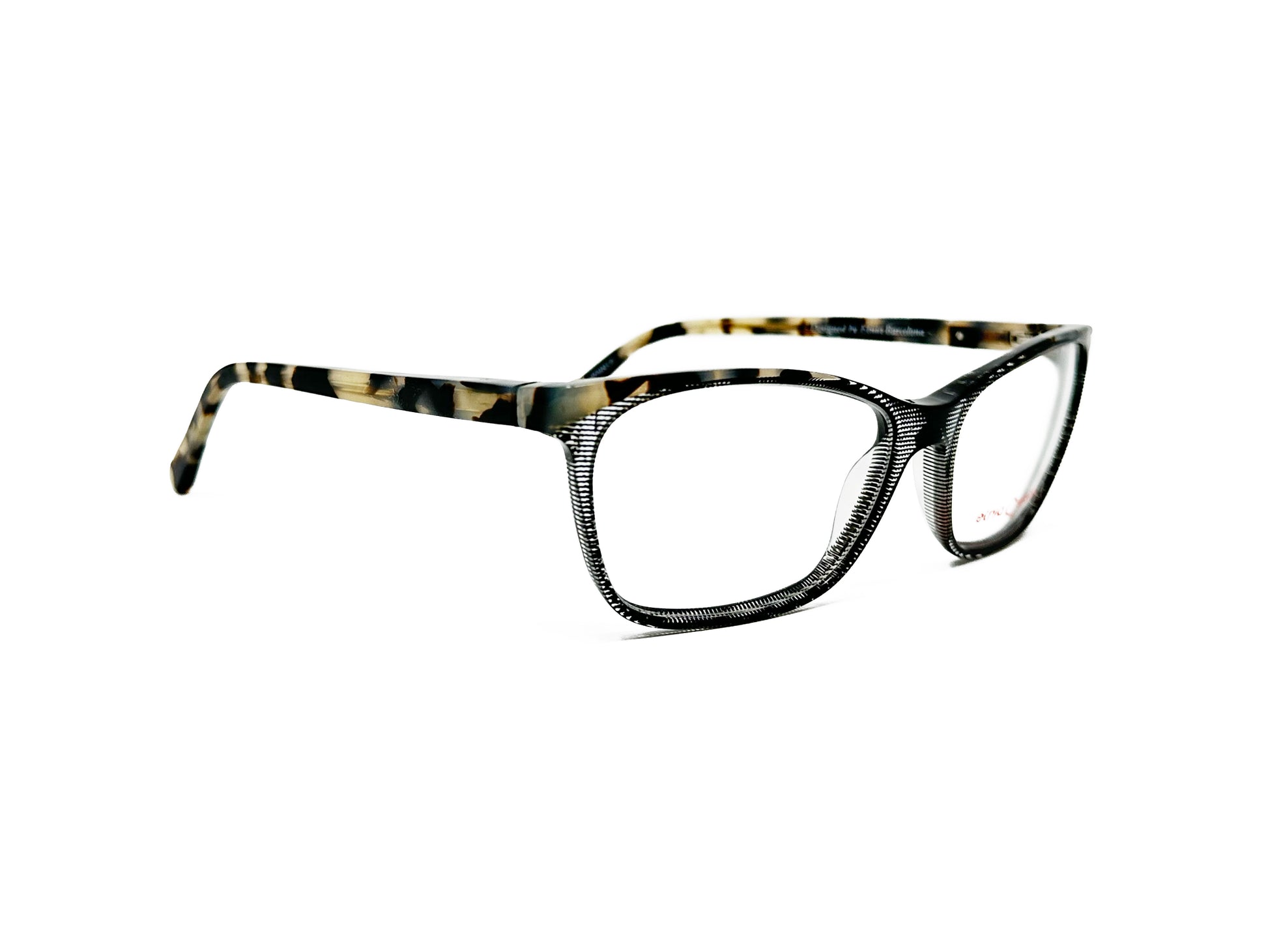 Etnia Barcelona narrow, rectangular, cat-eye, acetate optical frame. Model: Nimes 15. Color: BKHV - Transparent with black dots in the center of frame, gradiated out into a tortoise on corners and side of frame. Side view.