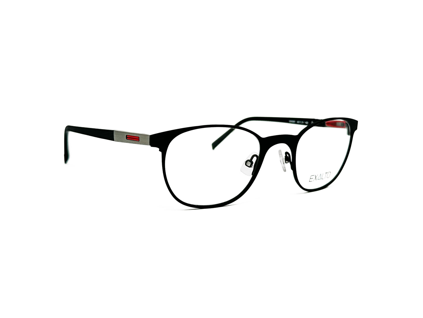 Exalto rounded-square, metal, optical frame. Model: 65N061. Color: Black/Titanium with red stripe. Side view.