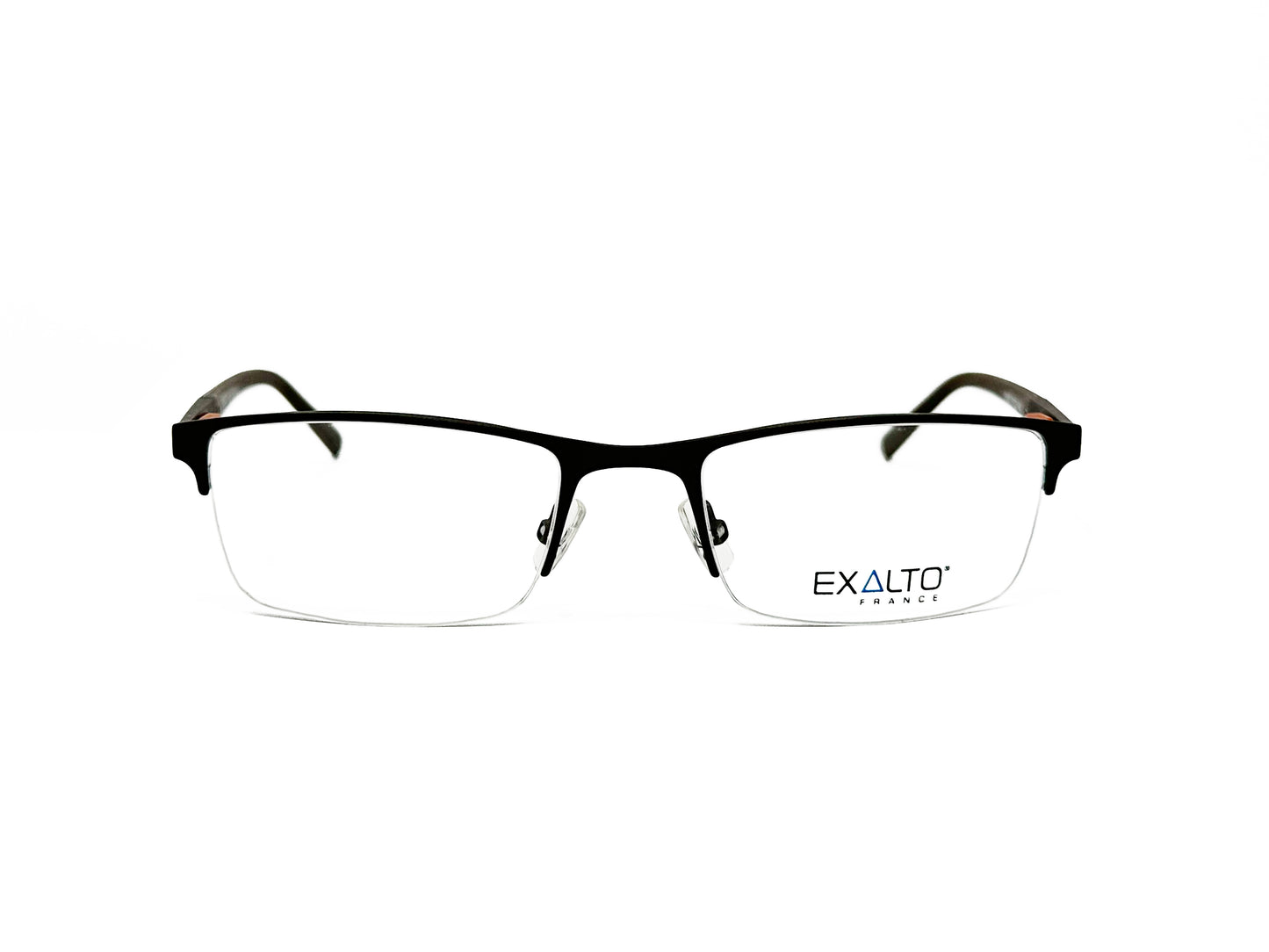 Exalto rectangular, metal, half-rim optical frame. Model: 65N092. Color: Black with red stripe on side. Front view. 