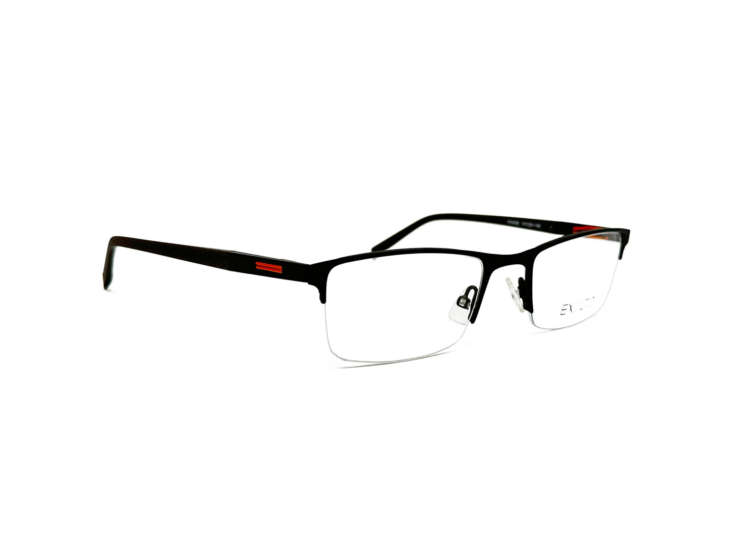 Exalto rectangular, metal, half-rim optical frame. Model: 65N092. Color: Black with red stripe on side. Side view.