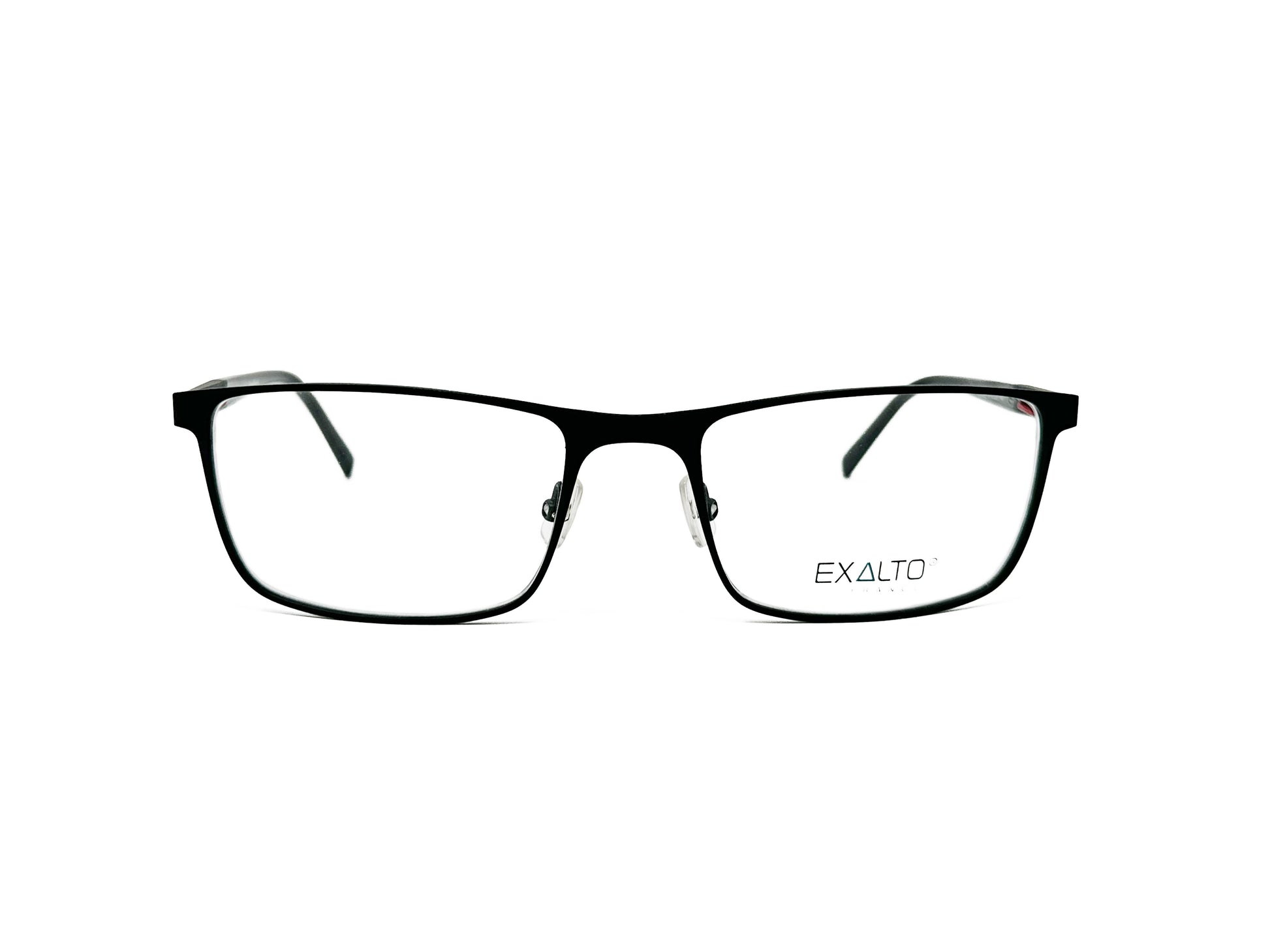 Exalto rectangular, metal optical frame. Model: 65N123. Color: Black with red strip on temple. Front view. 