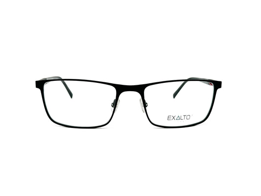 Exalto rectangular, metal optical frame. Model: 65N123. Color: Black with red strip on temple. Front view. 