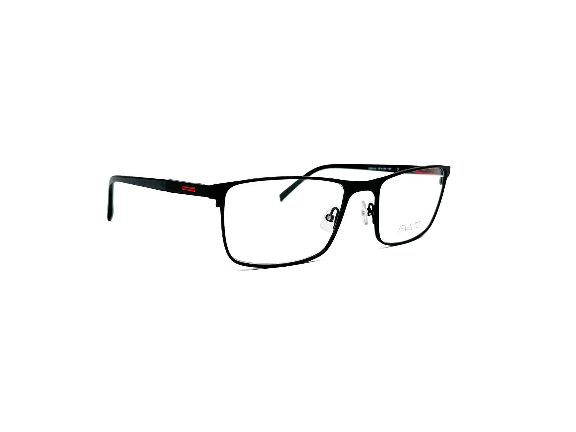 Exalto rectangular, metal optical frame. Model: 65N123. Color: Black with red strip on temple. Side view. 
