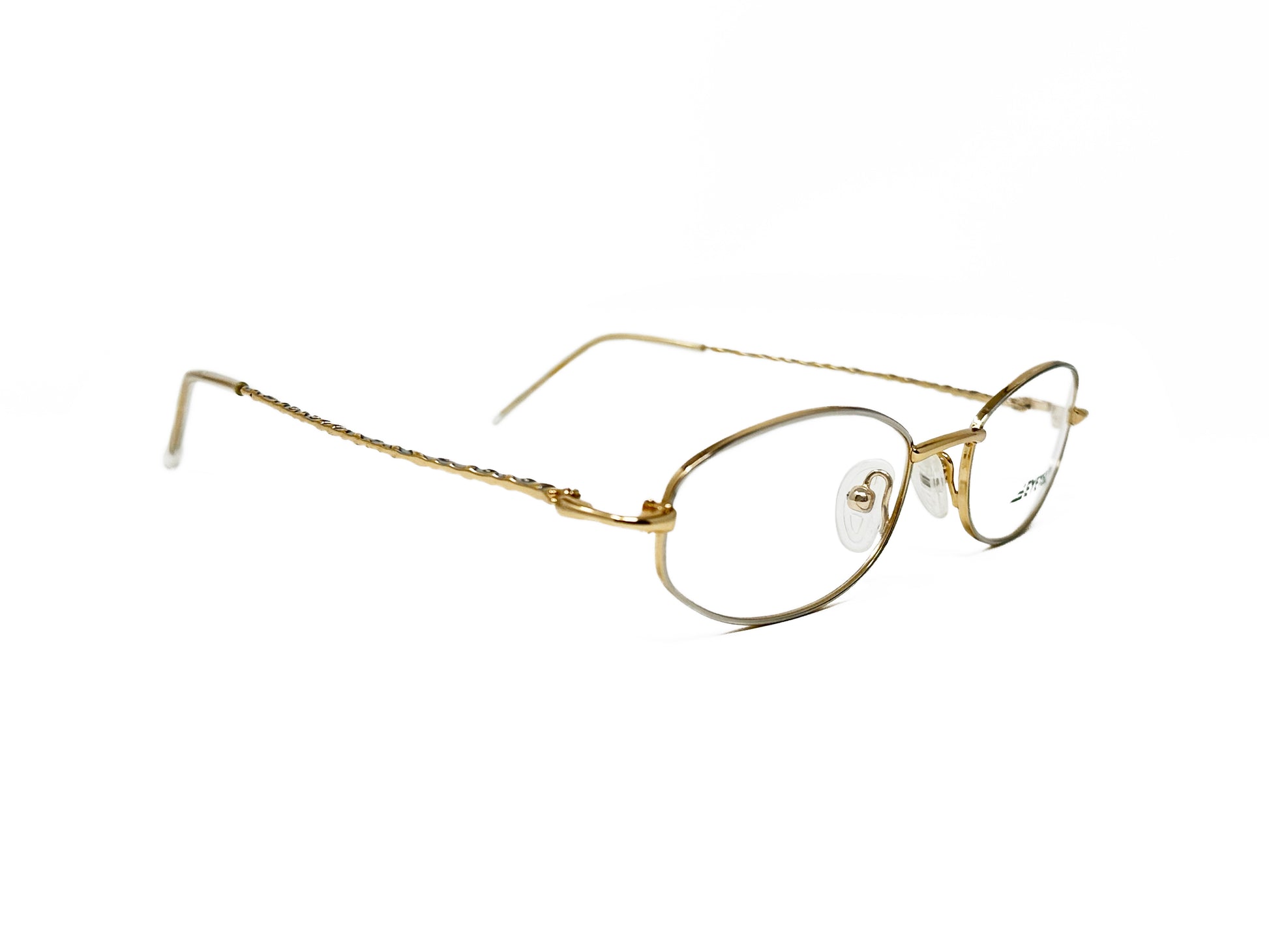 Eyetel oval, with slight angles, metal optical frame. Model: Bach. Color: 425 - White gold. Side view.