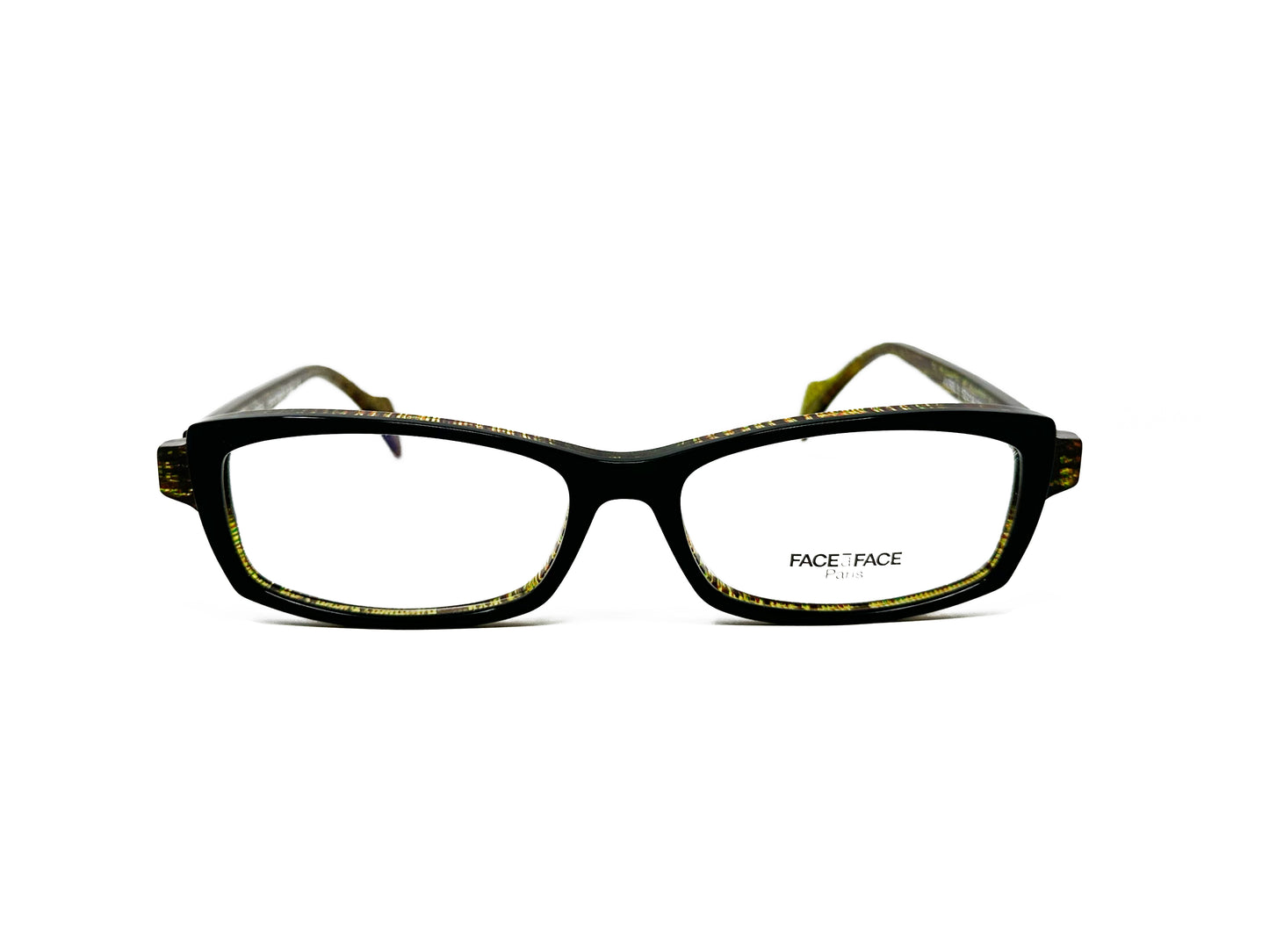 Face a Face rectangular, acetate optical frame with slight upward angle. Model: Avril 3. Color: 2143 - Yellow-green pattern. Front view. 
