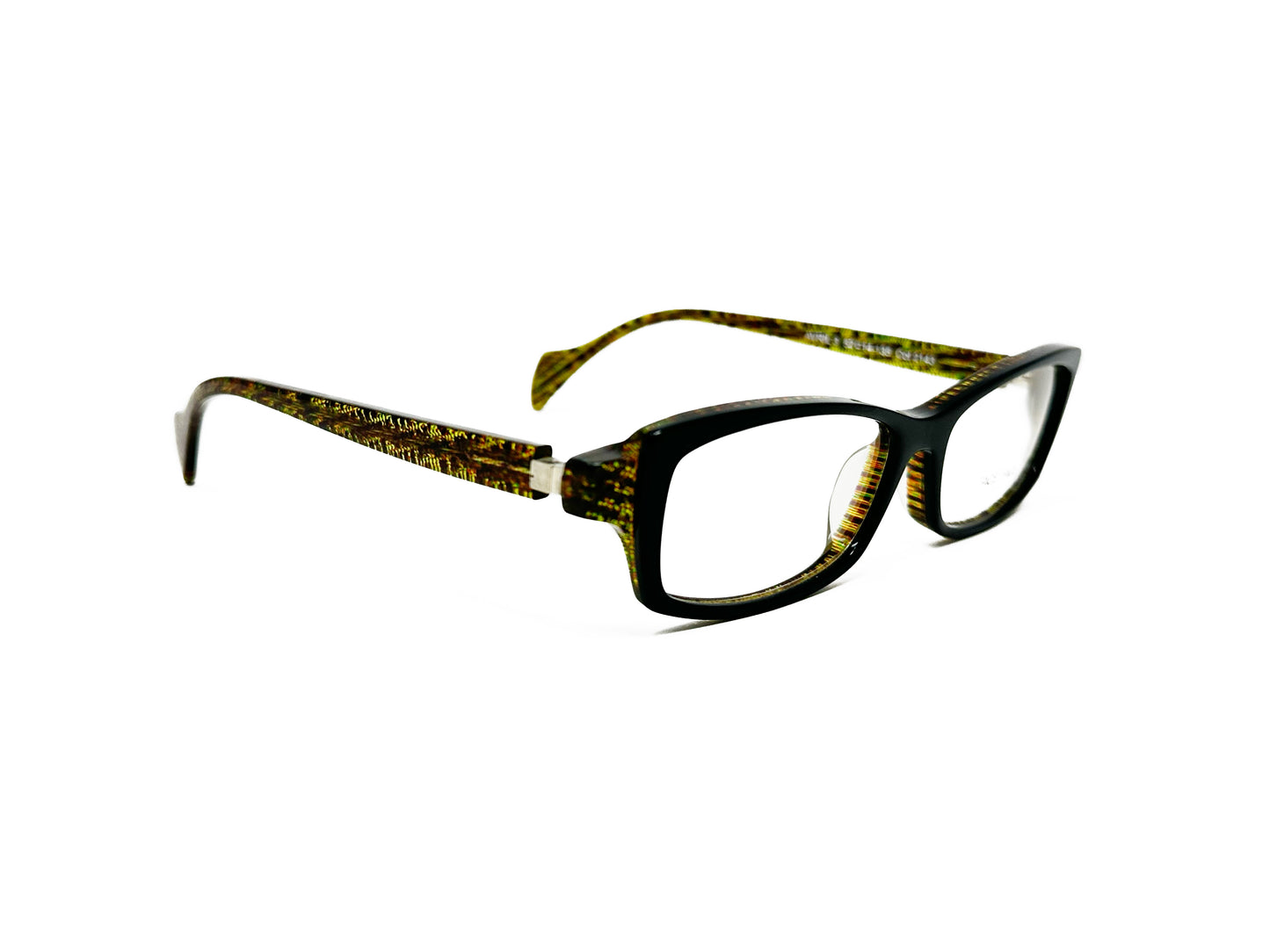 Face a Face rectangular, acetate optical frame with slight upward angle. Model: Avril 3. Color: 2143 - Yellow-green pattern. Side view.
