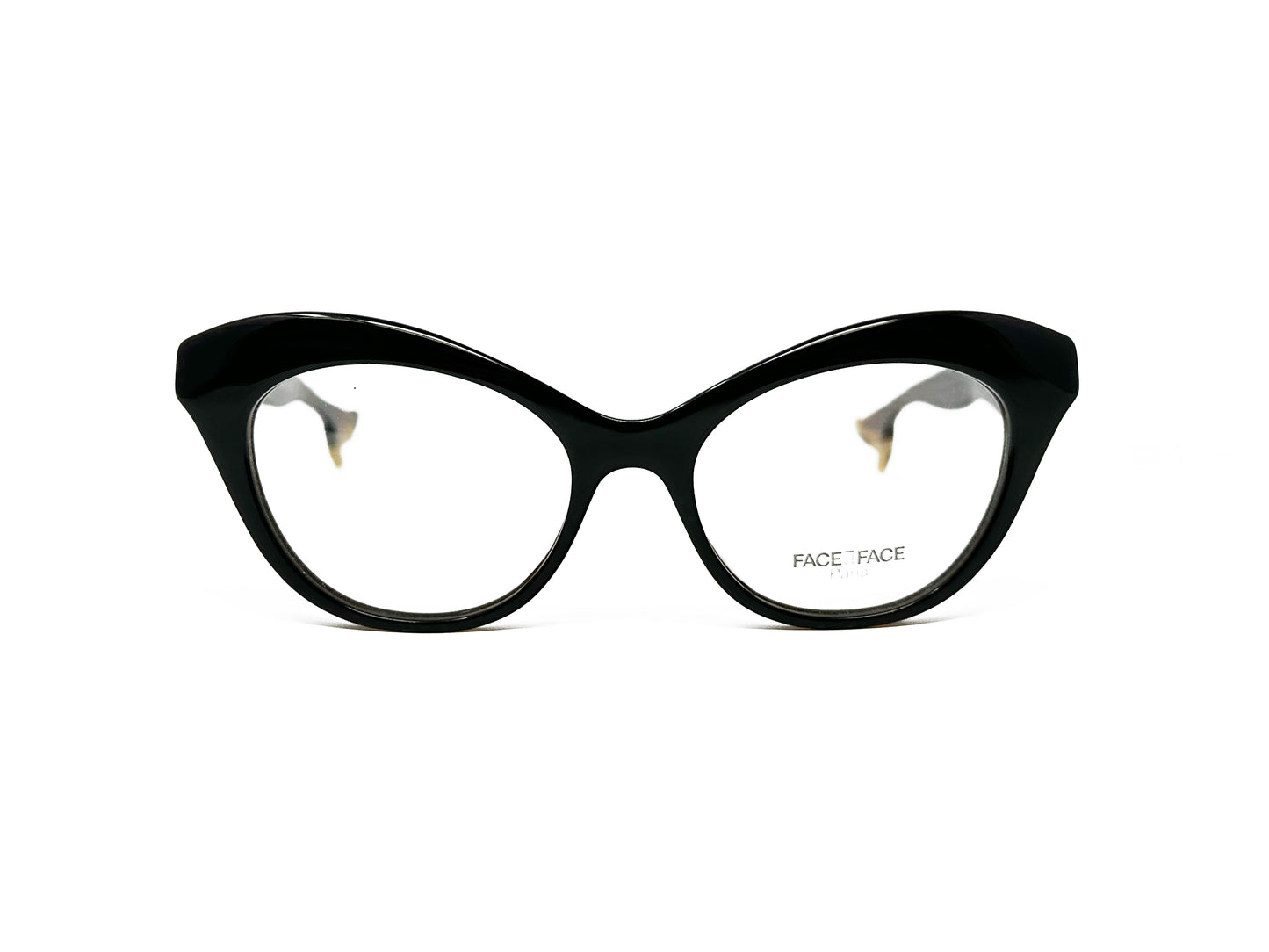 Face a Face acetate, cat-eye optical frame with curved top. Model: Bocca 3. Color: 124 -Black with brown temples. Front view. 