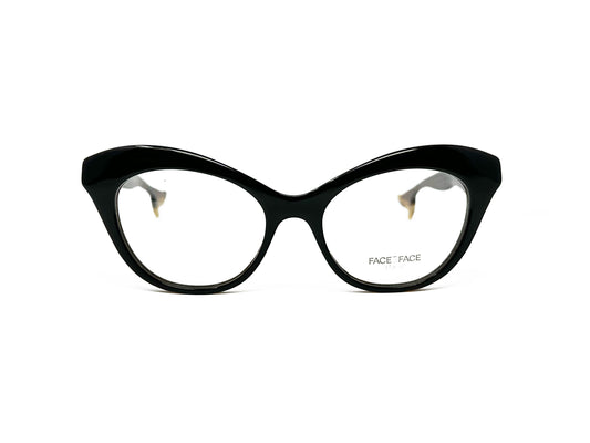 Face a Face acetate, cat-eye optical frame with curved top. Model: Bocca 3. Color: 124 -Black with brown temples. Front view. 