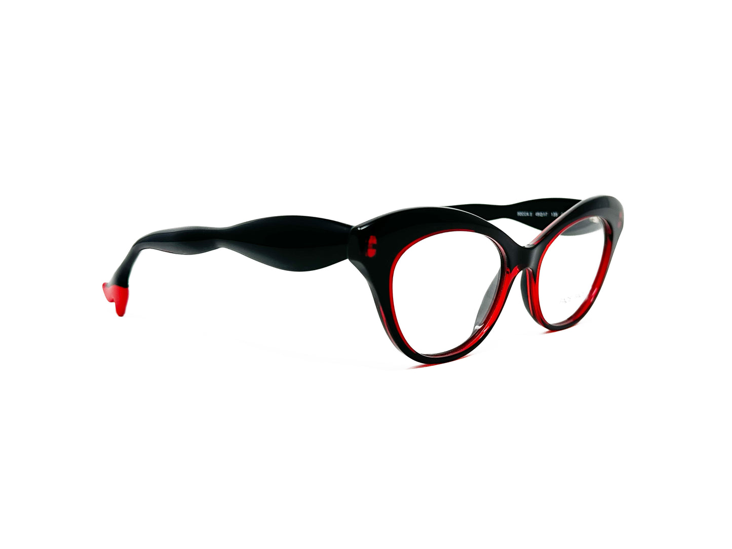 Face a Face acetate, cat-eye optical frame with curved top. Model: Bocca 3. Color: 400 -Black with red temples. End of temple is designed to look like a heel. 3/4th view.