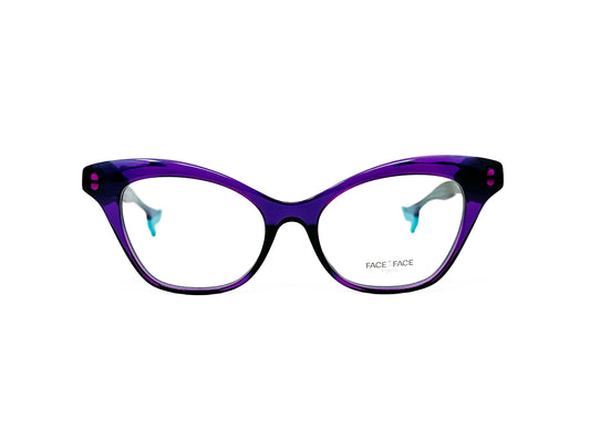 Face a Face acetate cat-eye optical frame with temples that look like legs wearing heels. Model: Bocca4. COlor: 1216 - Purple with teal temples. Front view. 