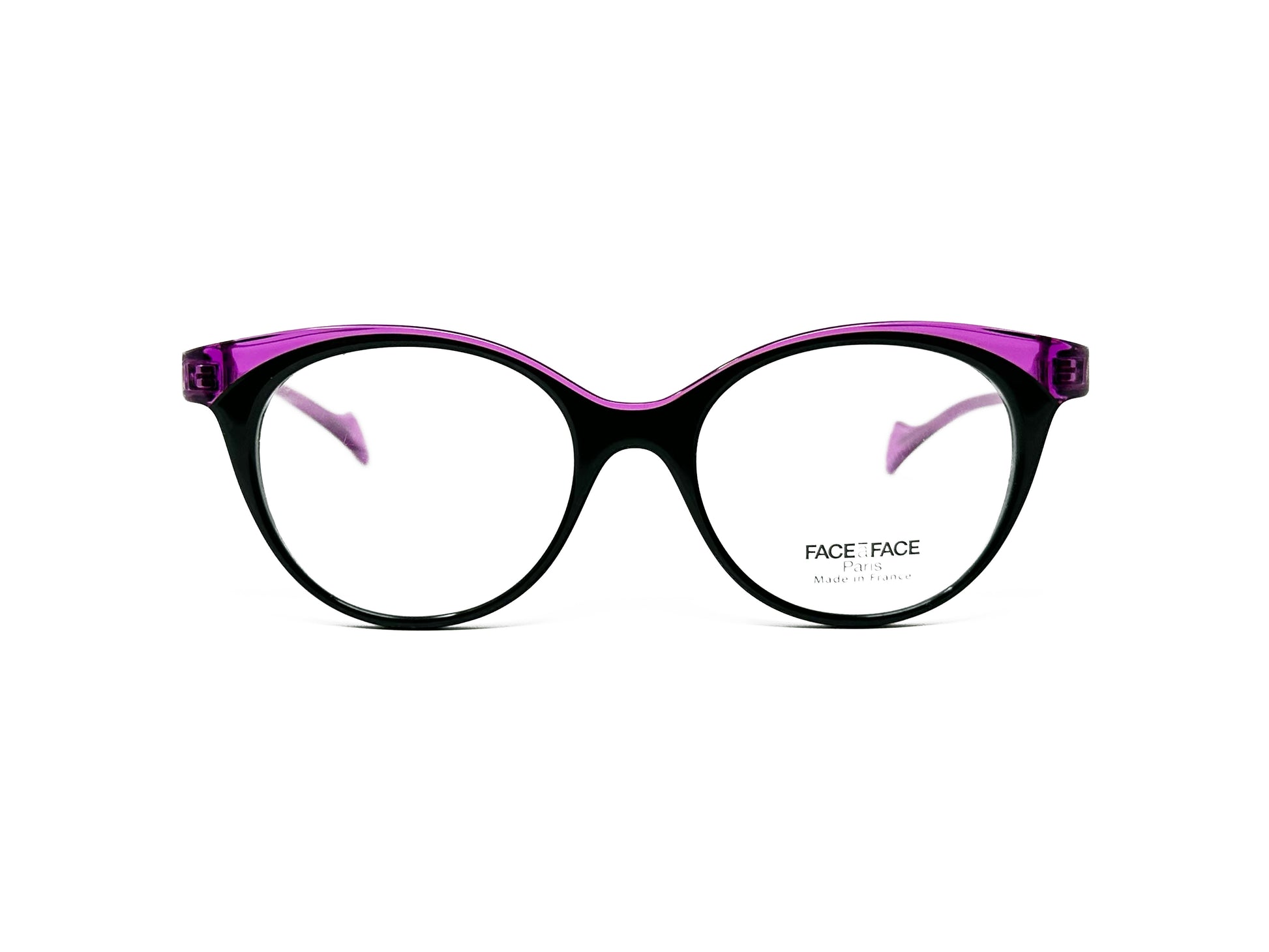Face a Face round, acetate optical frame with purple trim on top. Model: Jodie2. Color: 100 - Black with fuschia. Front view. 
