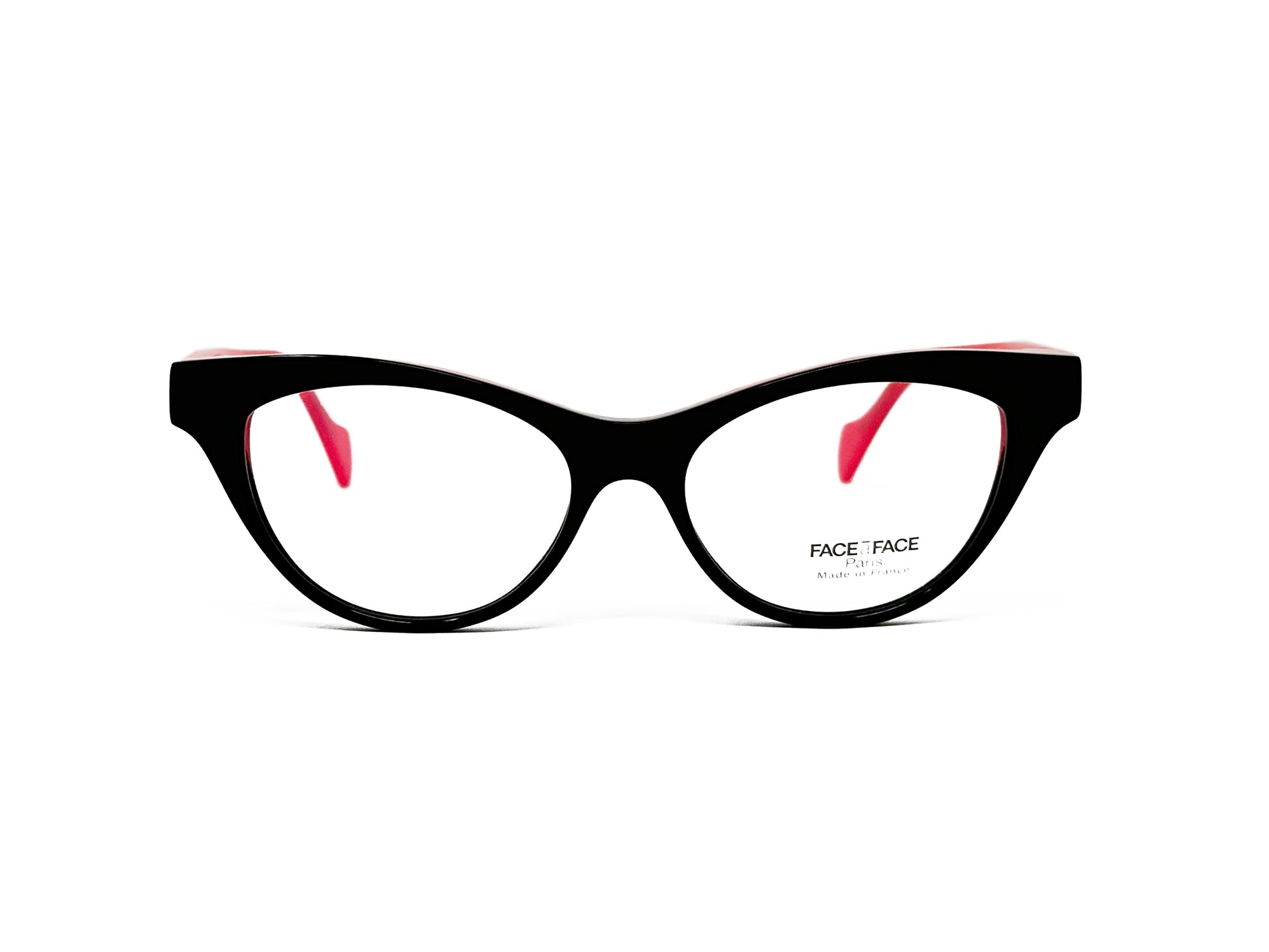 Face a Face acetate, rounded, cat-eye, with flat sides. Model: Shade. Color: 1420 - Black with red accents. Front view. 