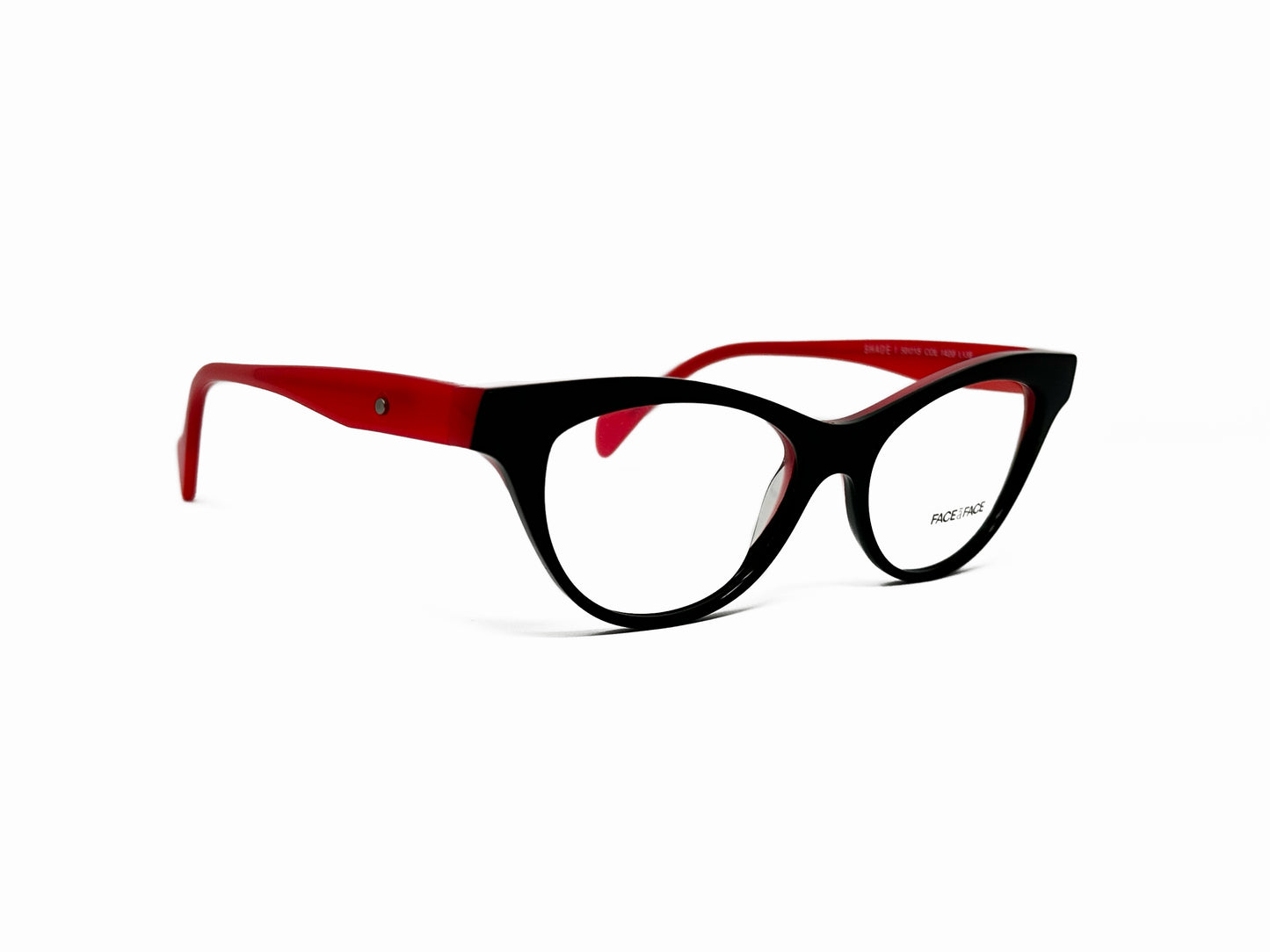 Face a Face acetate, rounded, cat-eye, with flat sides. Model: Shade. Color: 1420 - Black with red accents. Side view.