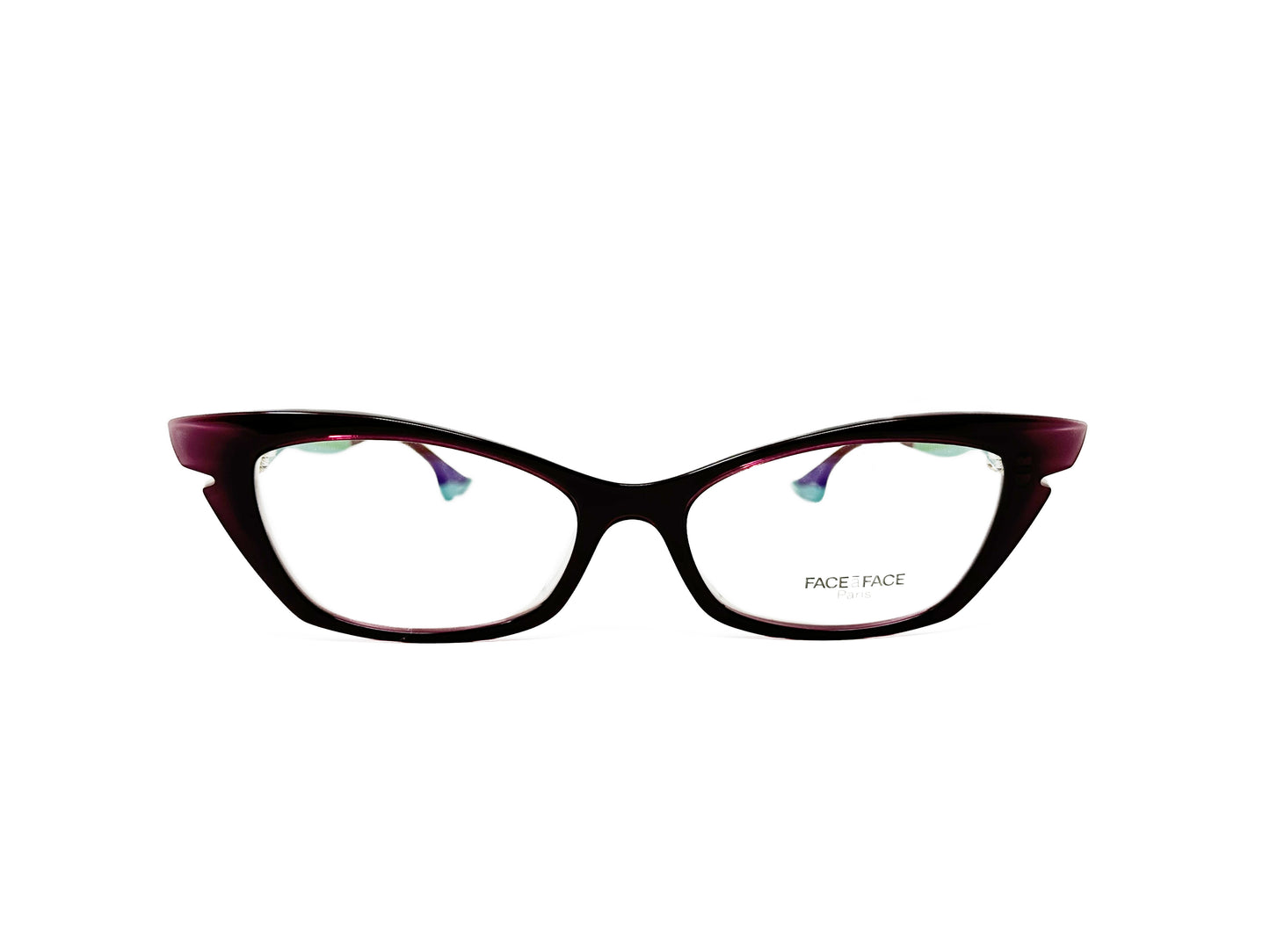 Face a Face narrow, cat-eye, acetate optical frame with temples that look like legs with heels on. Model: Sixties 1. Color: 501 - Black and Purple front with green temples. Front view. 