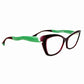 Face a Face narrow, cat-eye, acetate optical frame with temples that look like legs with heels on. Model: Sixties 1. Color: 501 - Black and Purple front with green temples. Side view.